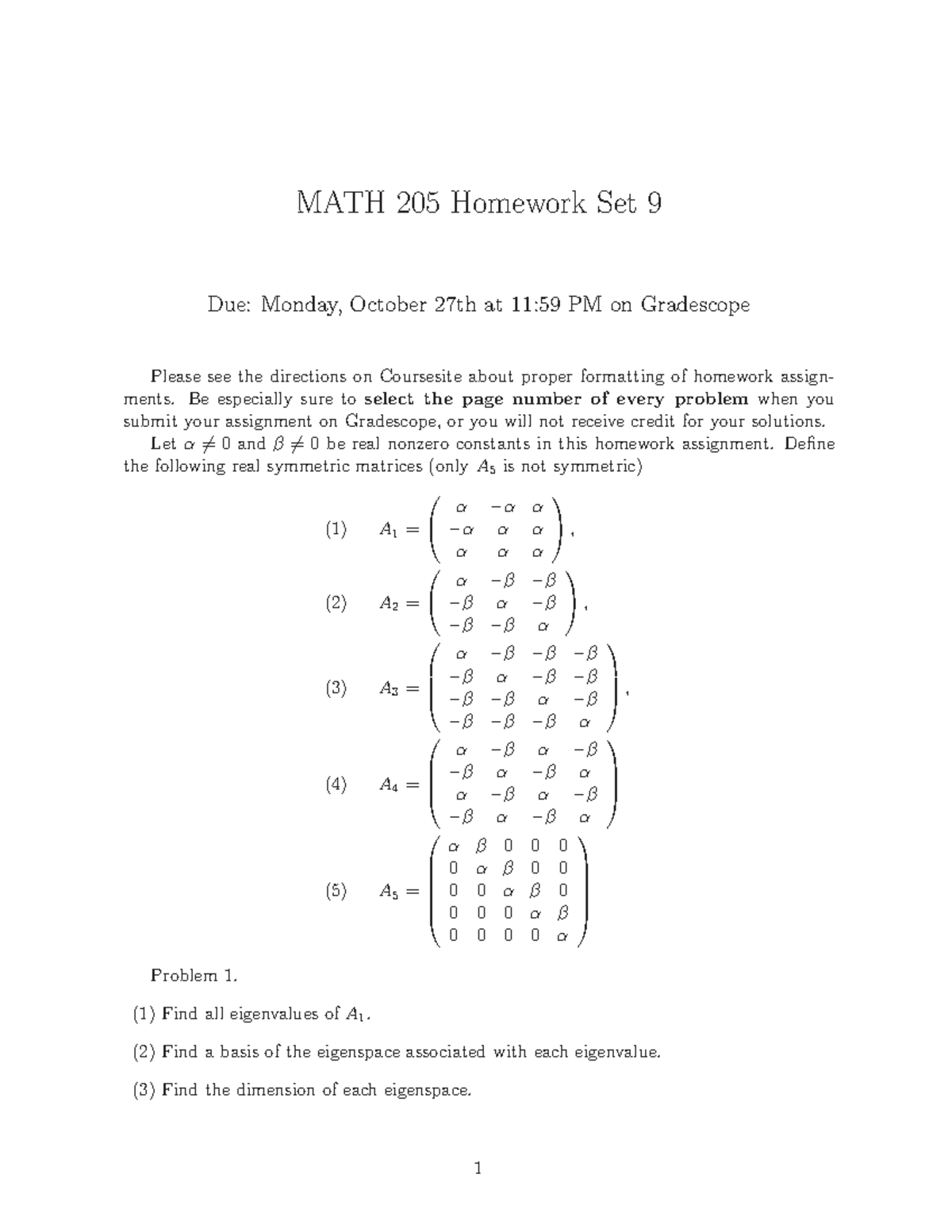 MATH 205 Homework Set 9 - Eigenvalues and Eigenspaces Analysis - Studocu