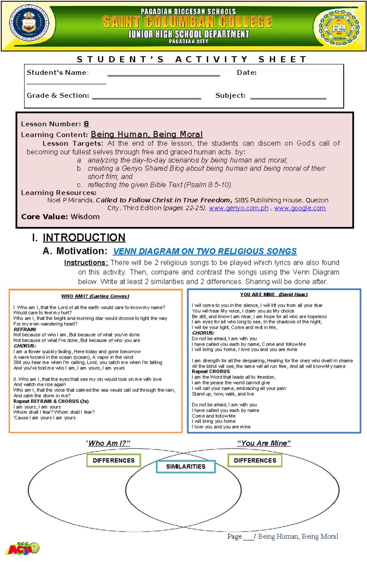 RVE L8 Lesson: Being Human, Being Moral Activities & Reflections - Studocu