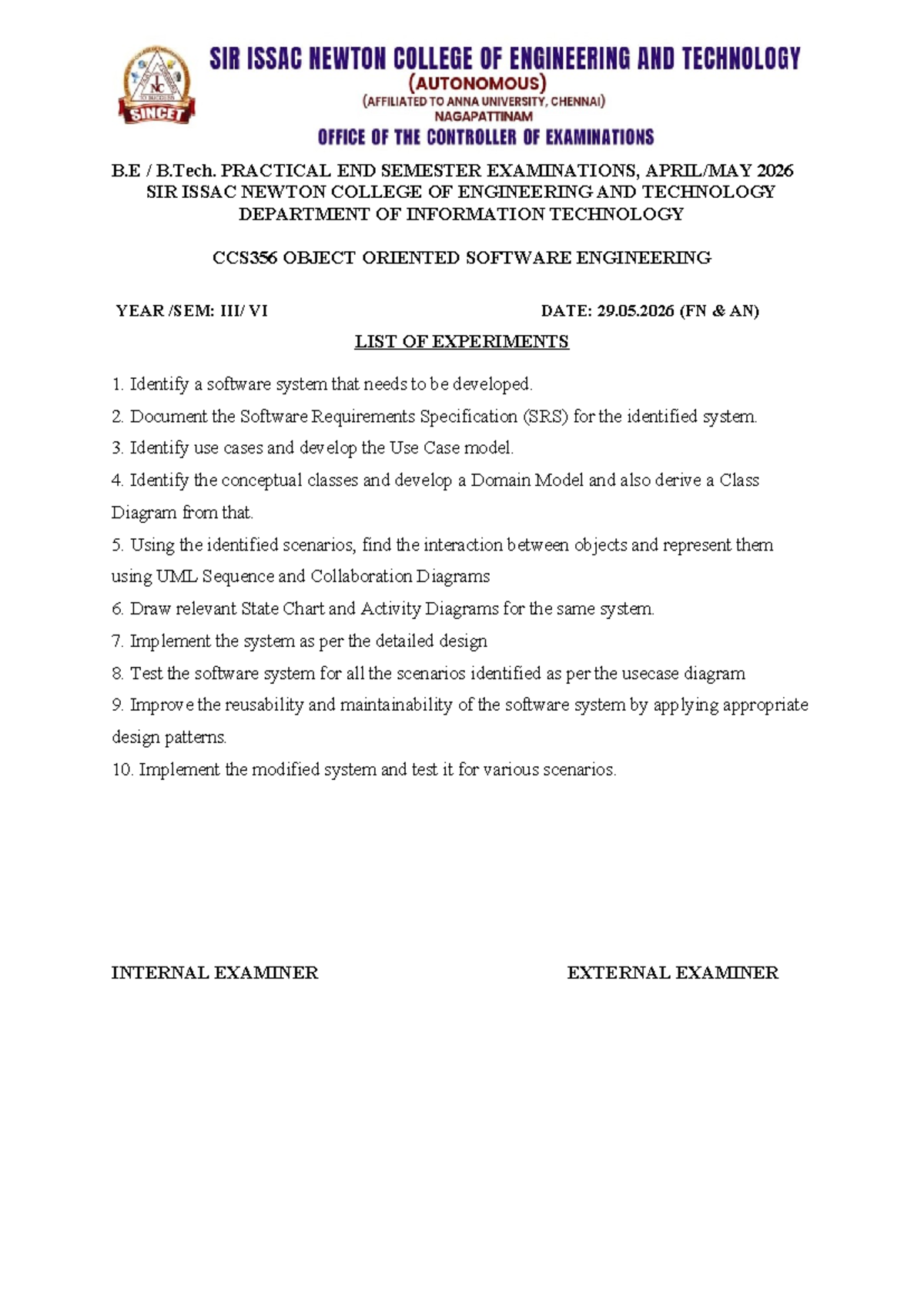CCS356 OOS Exam Practical List of Experiments - 2026 - Studocu