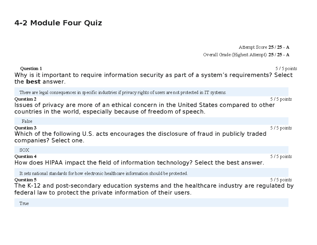 Mod 4 - Quiz 4 Results & Answers for IT Security Standards - Studocu