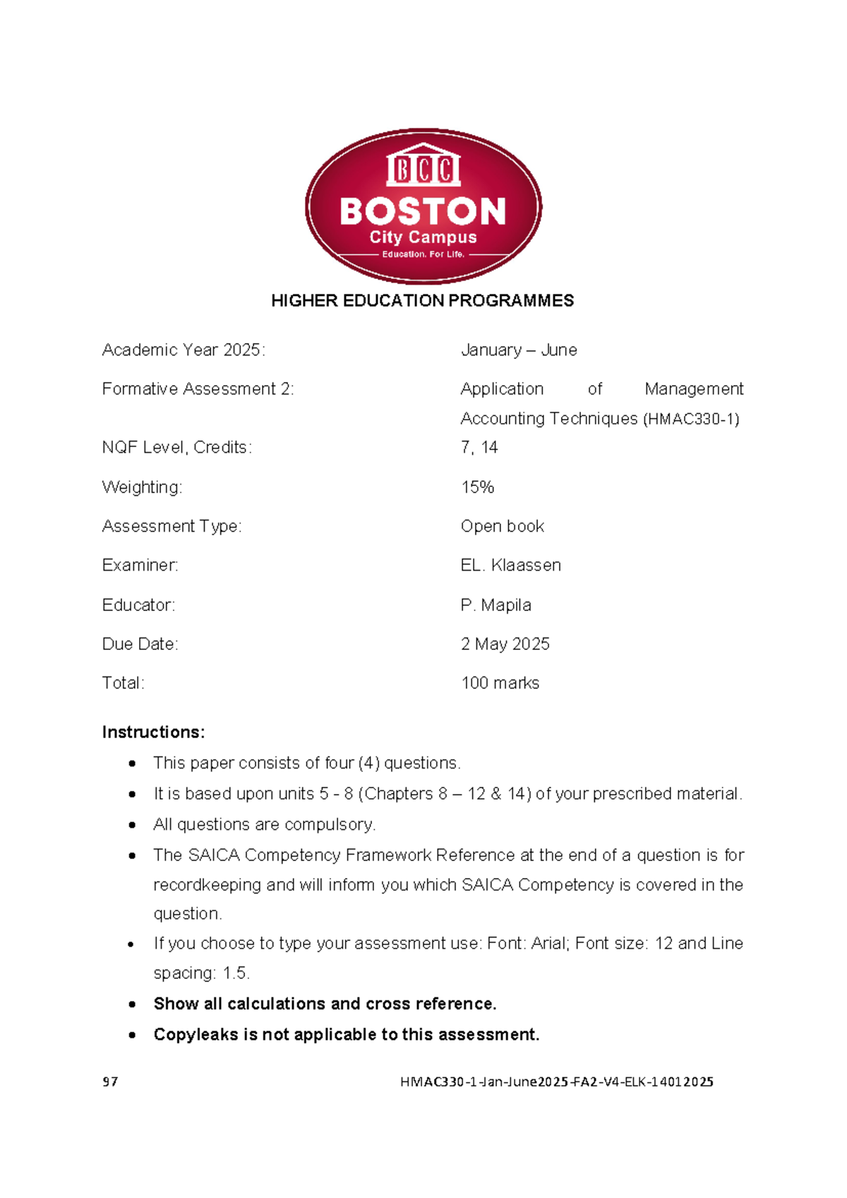 Formative Assessment 2: Application of Management Accounting Techniques ...