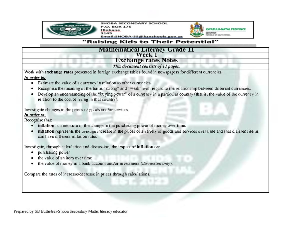 Mathematical Literacy Grade 11 Term 2 Week 1: Exchange Rates Notes ...
