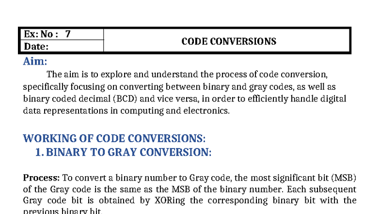 Code Conversions: Binary, Gray, and BCD Techniques - EE101 - Studocu