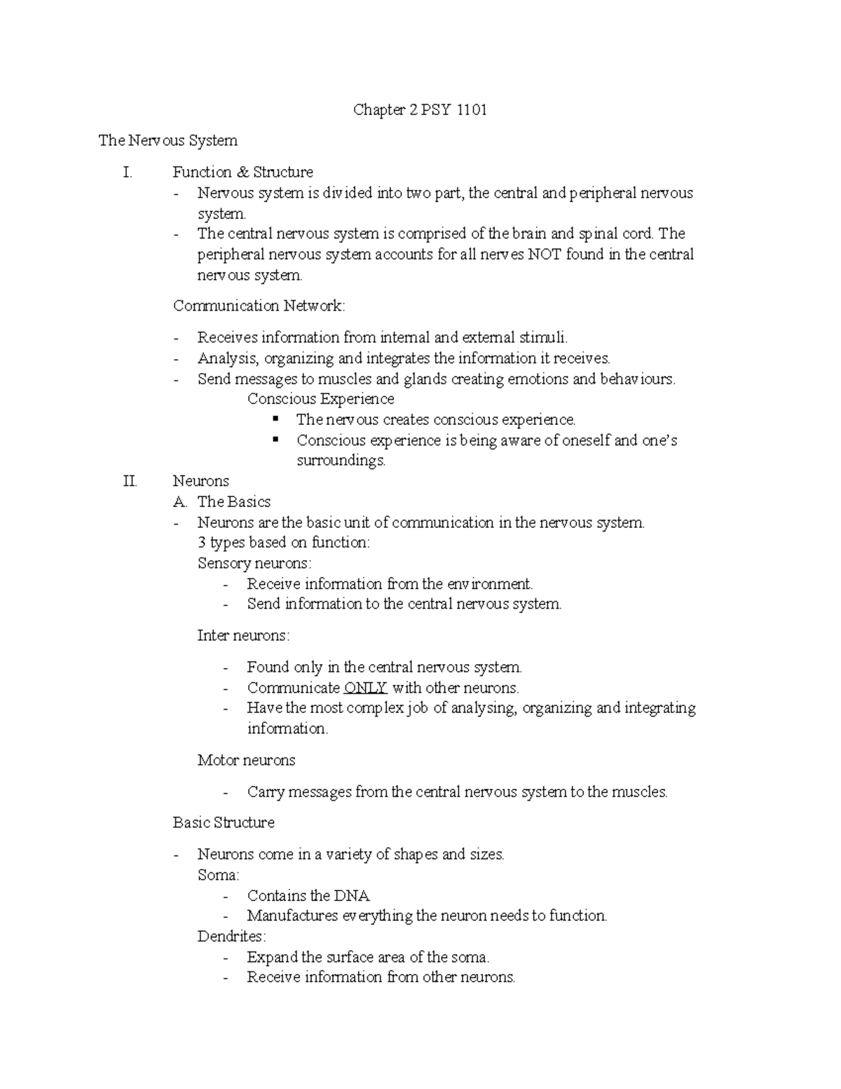 Chpt 2 Notes on Nervous System - PSY 1101 with Dr. Haddad - Studocu