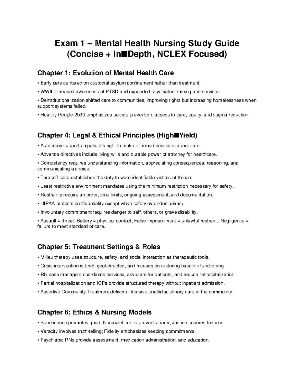 Exam 1 Mental Health Nursing Study Guide: NCLEX Focused Overview - Studocu