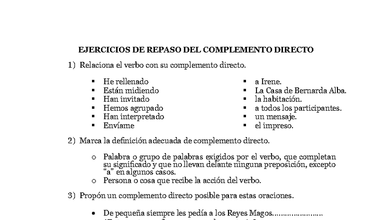 Ejercicios de Repaso sobre el Complemento Directo - EJERCICIOS 1 - Studocu