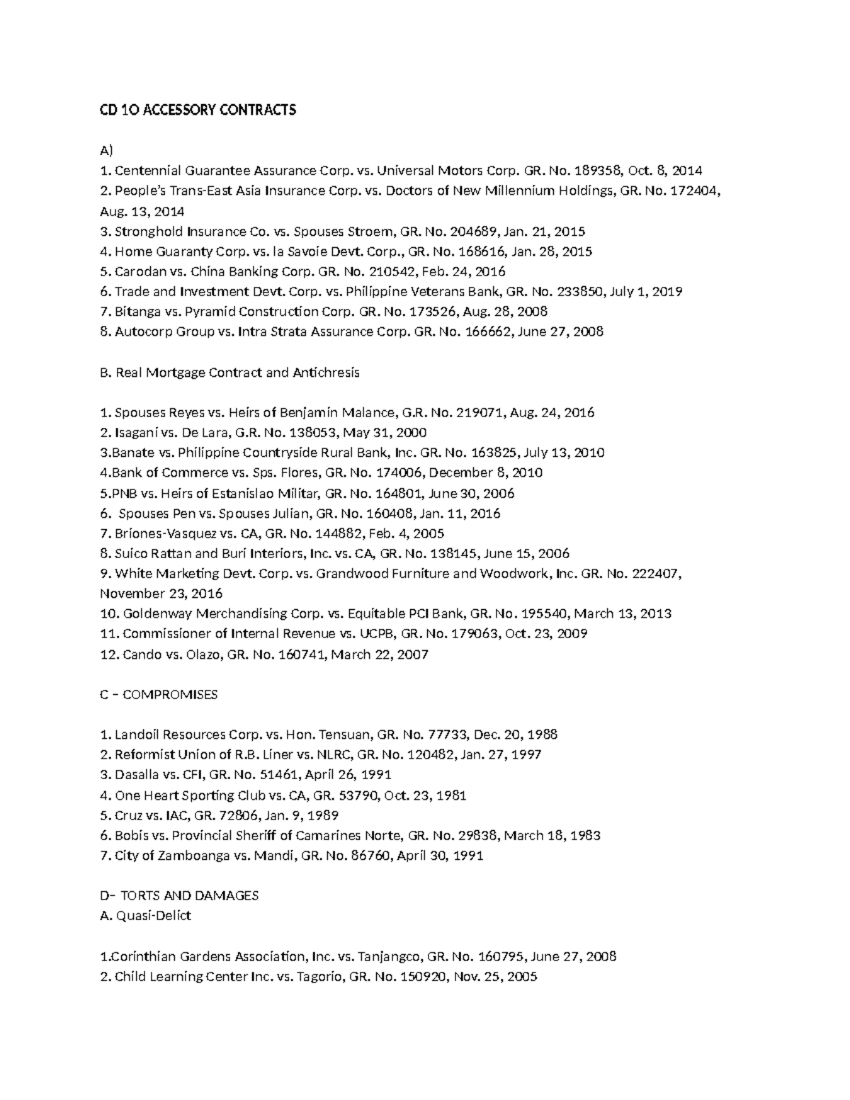 CD 1O Accessory Contracts: Case Summaries and Legal Insights - Studocu