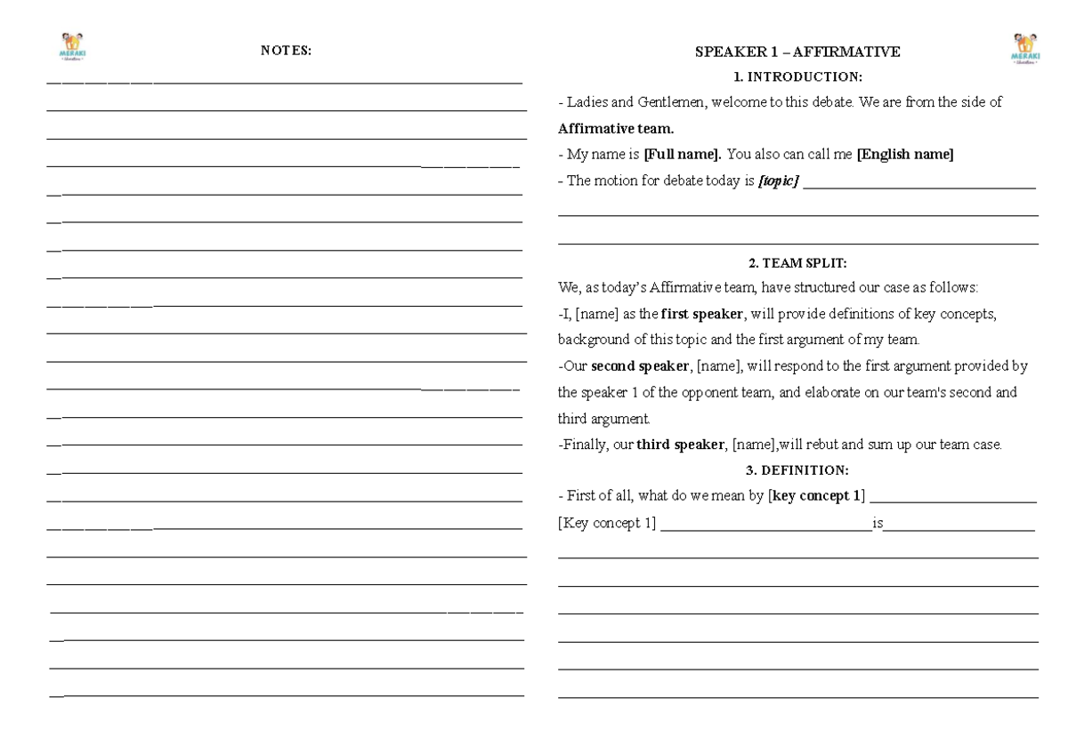 Debate Notes: Speaker 1 Affirmative - Team Structure & Arguments - Studocu