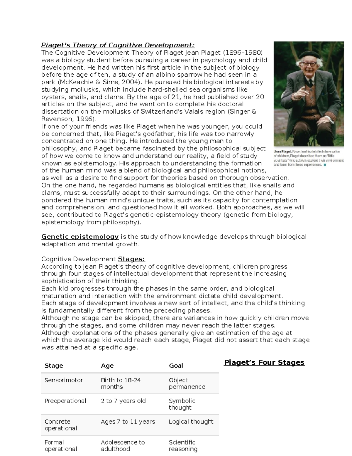 Piaget's Theory of Cognitive Development: An Overview of Stages - Studocu