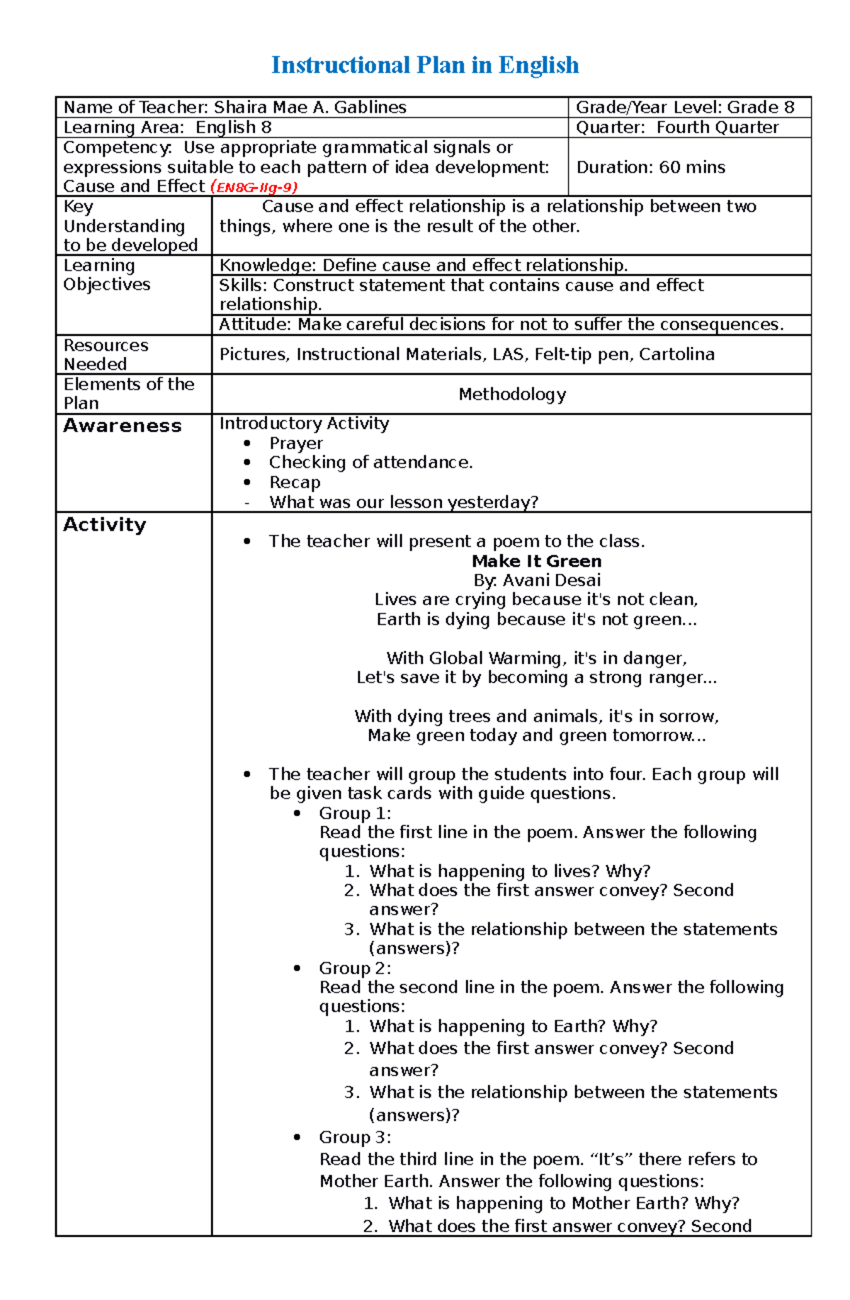 EN8G-IIg-9 Cause and Effect - Grade 8 Lesson Plan Overview - Studocu