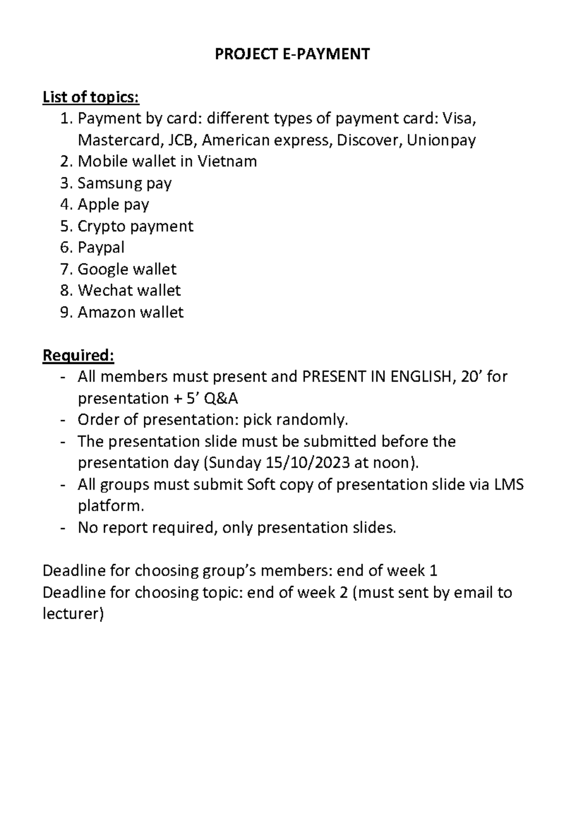 E-Payment Project Topics for Presentation and Guidelines - Studocu