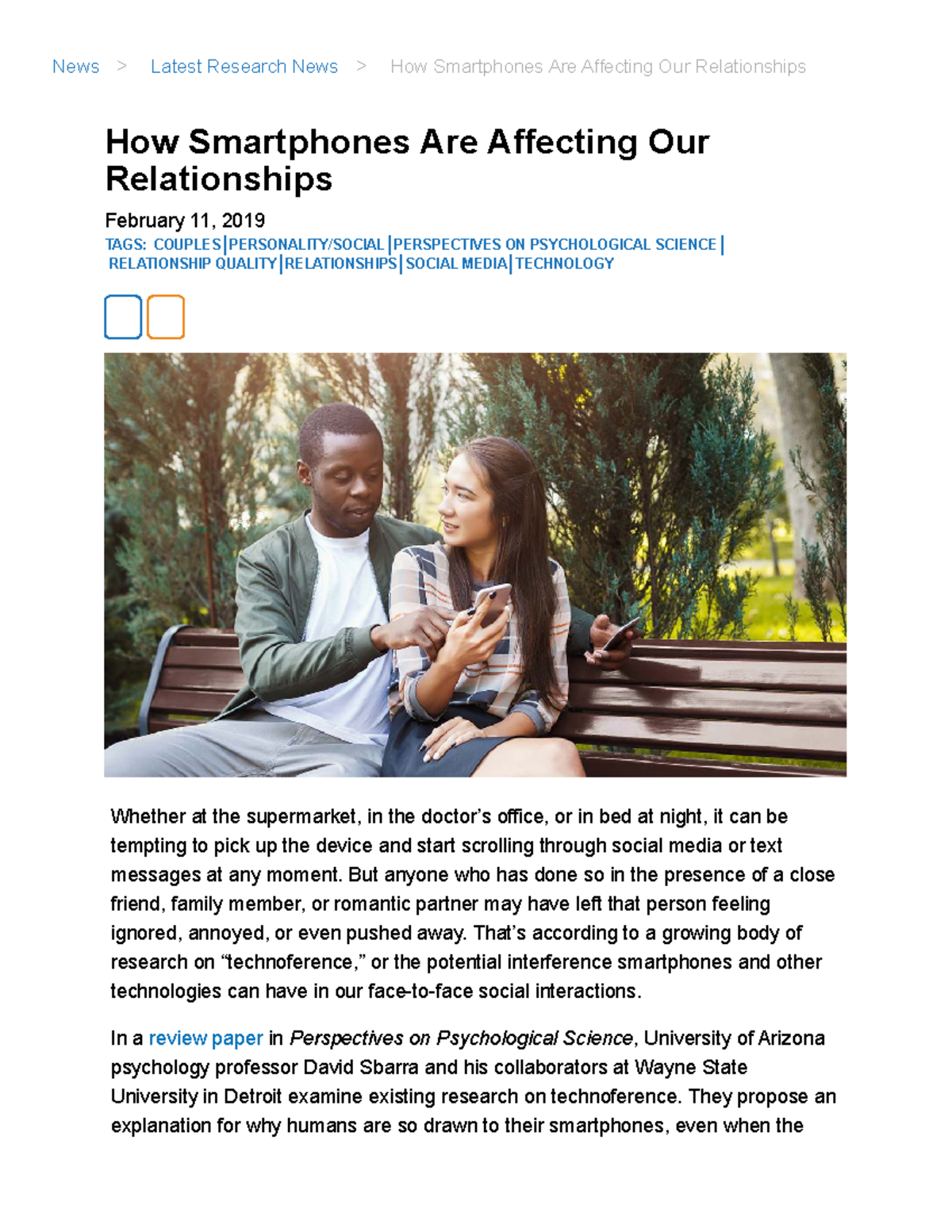 Impact of Smartphones on Relationships: A Review (PSY 101) - Studocu