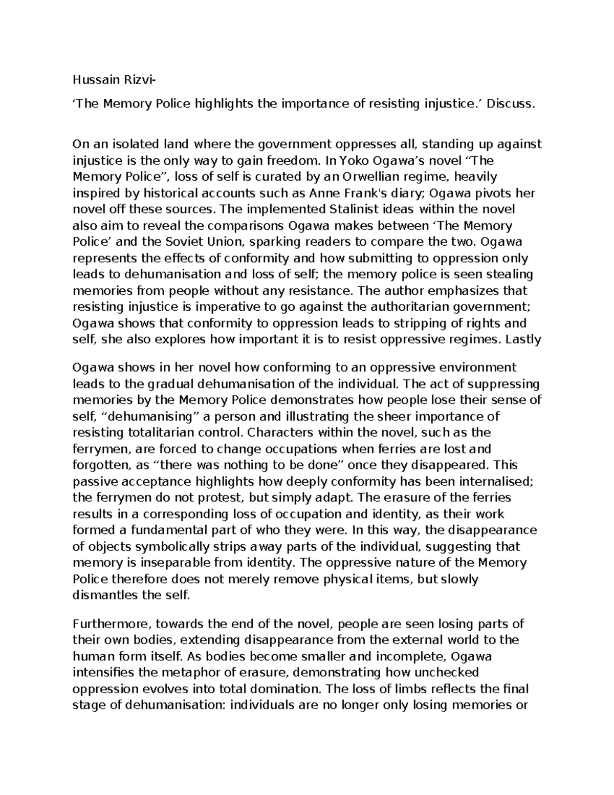 ENG 202 Practice Essay: Resisting Oppression in Ogawa's Memory Police ...