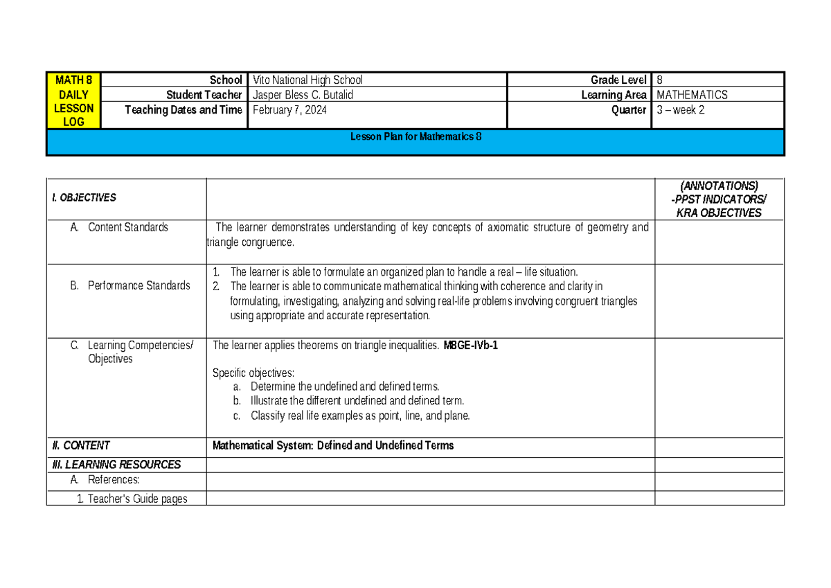 MATH 8 Daily Lesson Log: Defined and Undefined Terms Overview - Studocu