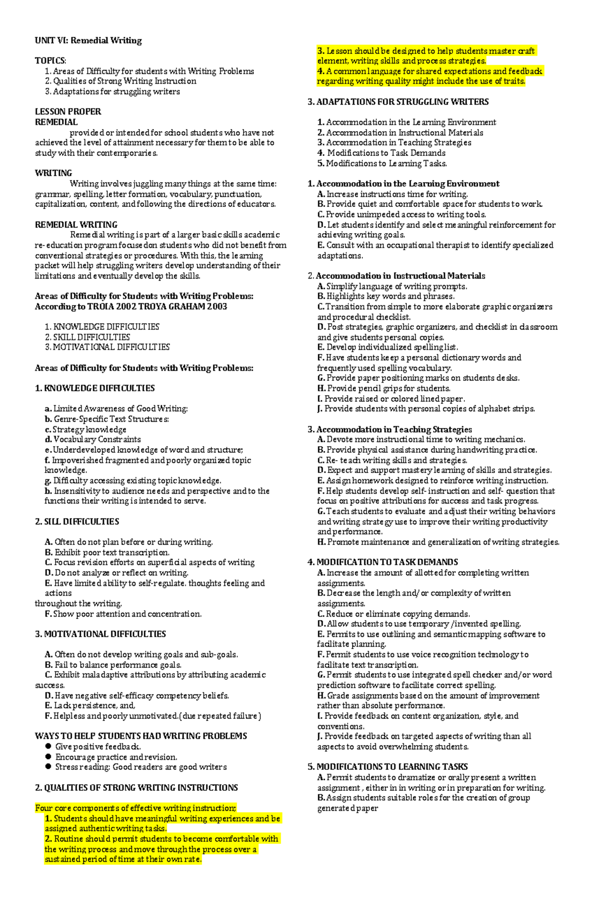 UNIT VI - Remedial Writing: Strategies for Struggling Writers - Studocu