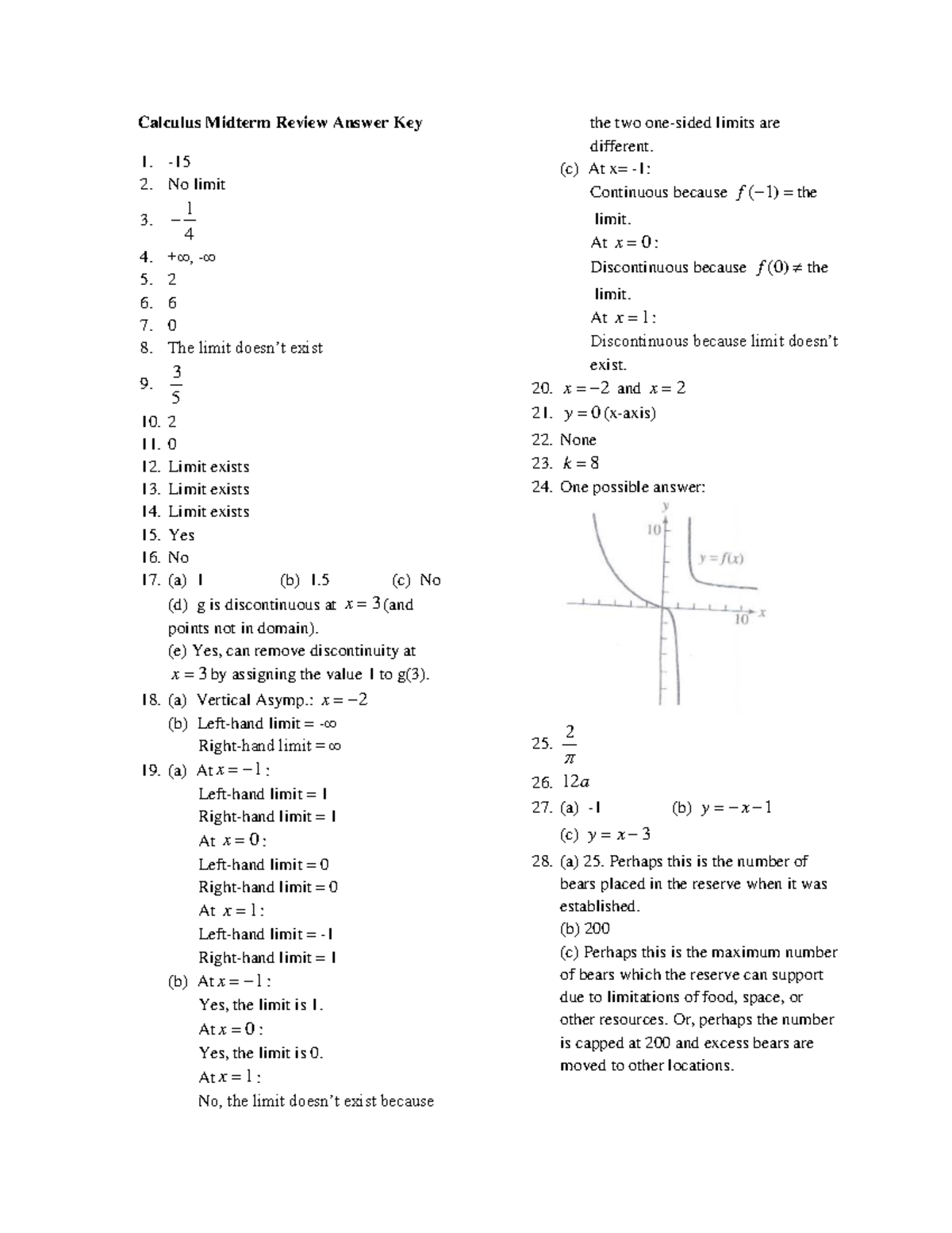 Calculus+Midterm+Review+Answer+Key - Calculus Midterm Review Answer Key ...
