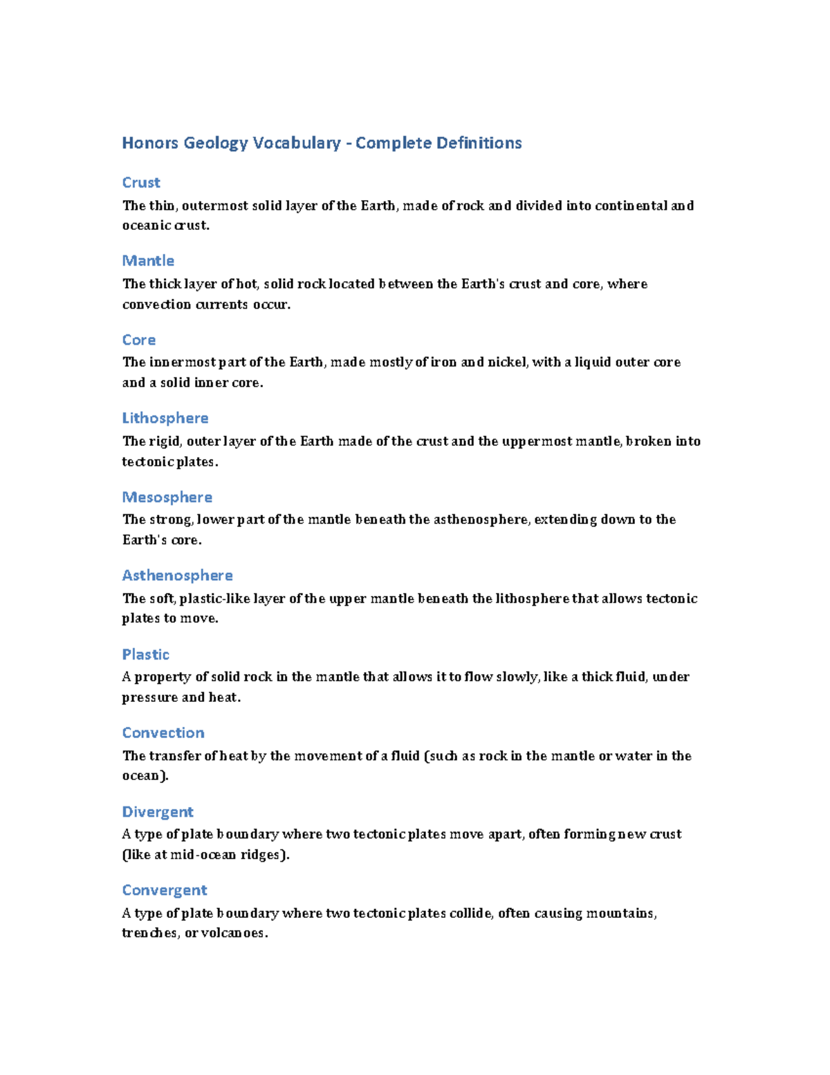 Honors Geology Vocabulary - Complete Definitions and Concepts - Studocu