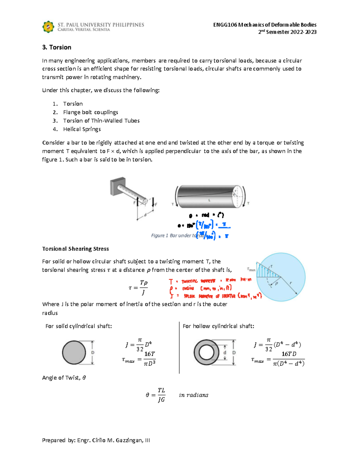 ENGG106 Lecture 3 Notes: Torsion of Deformable Bodies - Studocu