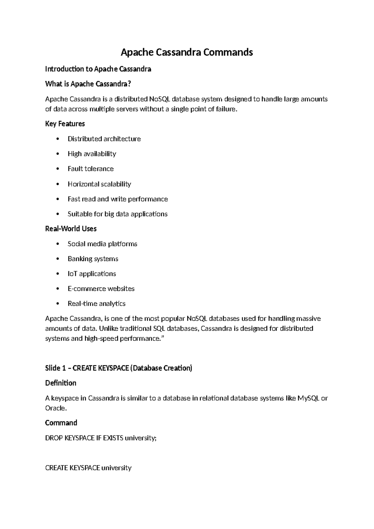 CSE 101: Apache Cassandra Commands Overview and Key Concepts - Studocu