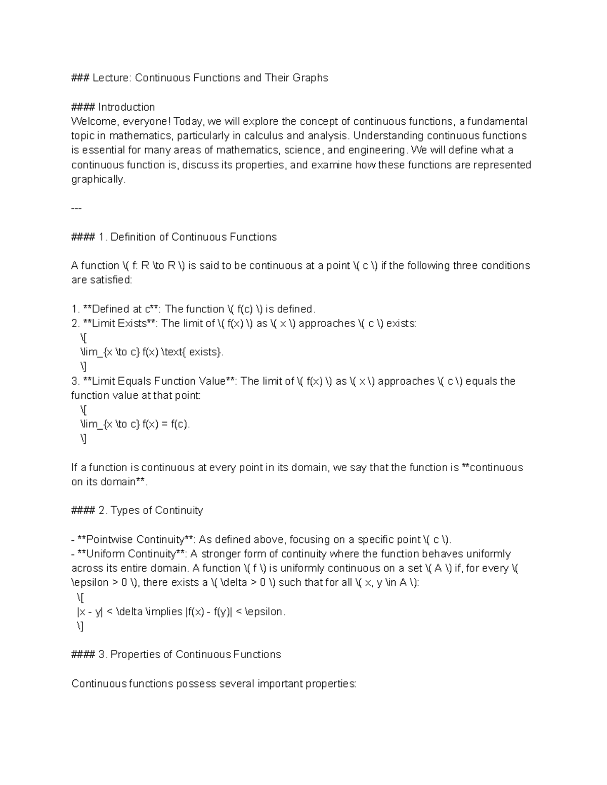 Lecture: Exploring Continuous Functions in Mathematics Concepts - Studocu