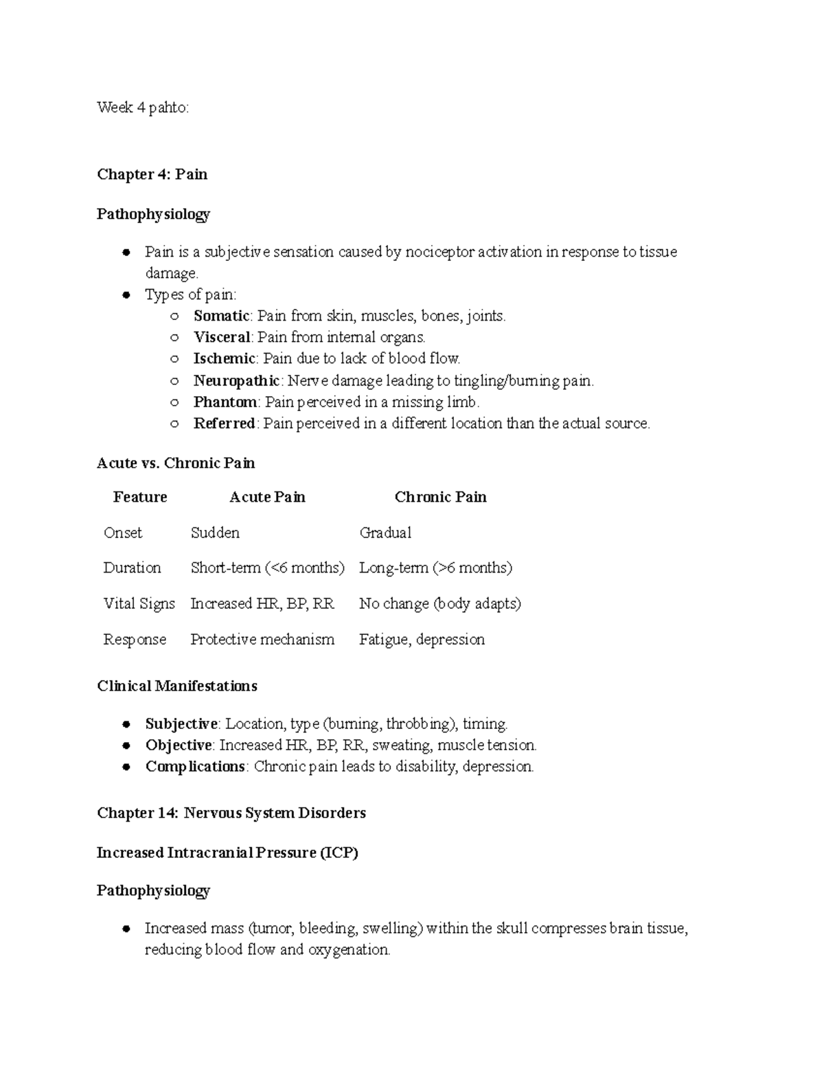 Week 4 Pathophysiology Quiz Review: Pain, Disorders & Aging - Studocu