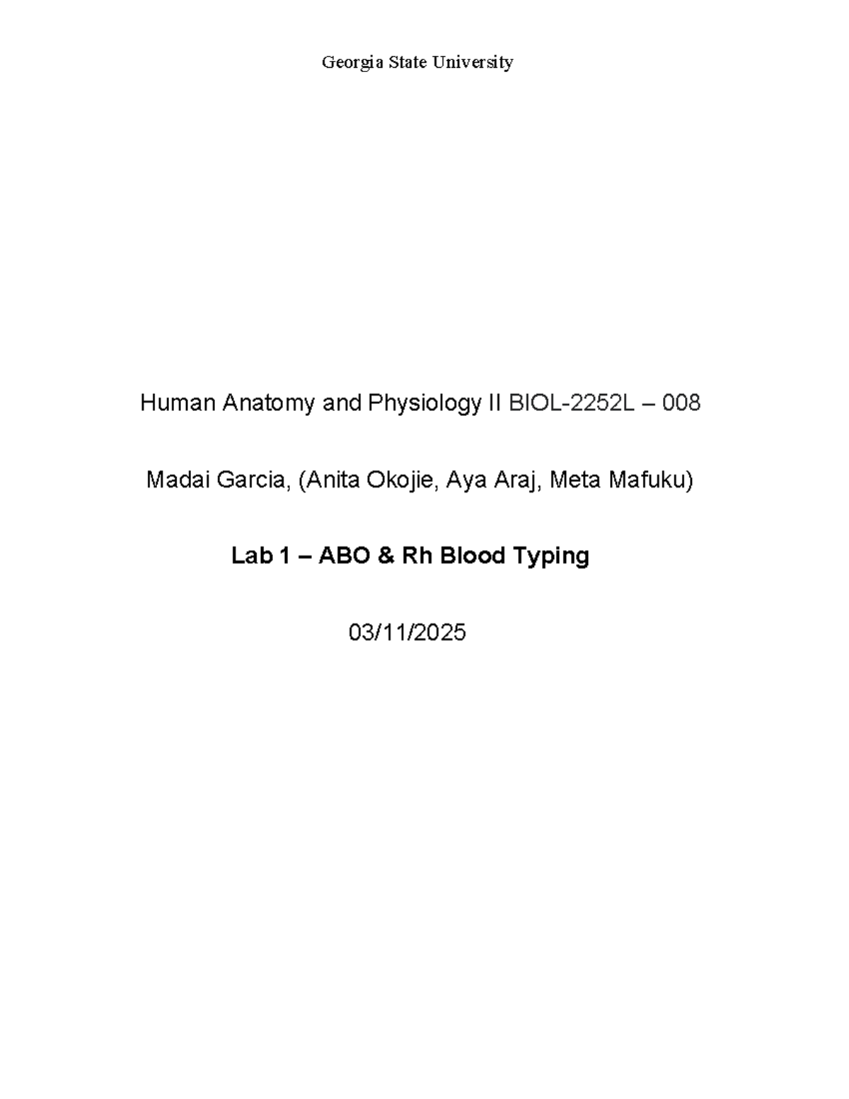 Georgia State University Human Anatomy and Physiology II 008 Lab report ...