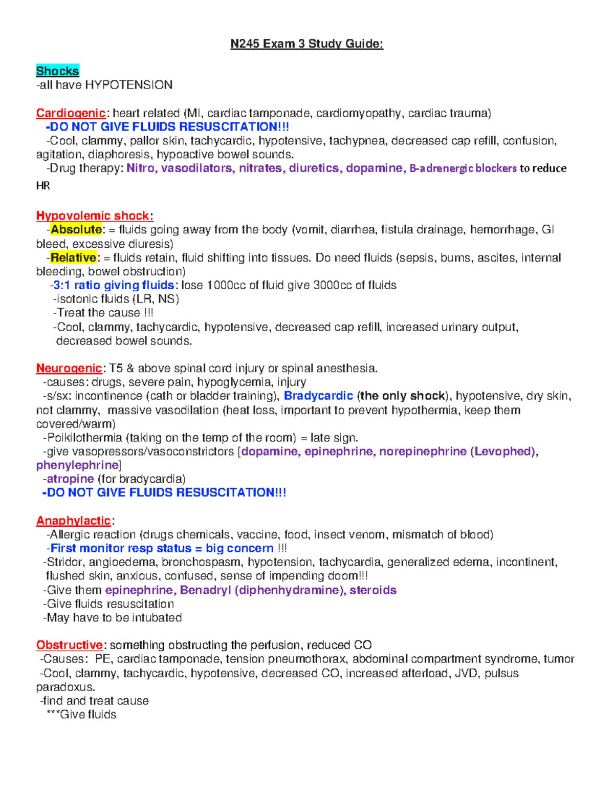Exam 3 Study Guide N245: Understanding Shock Types and Management - Studocu