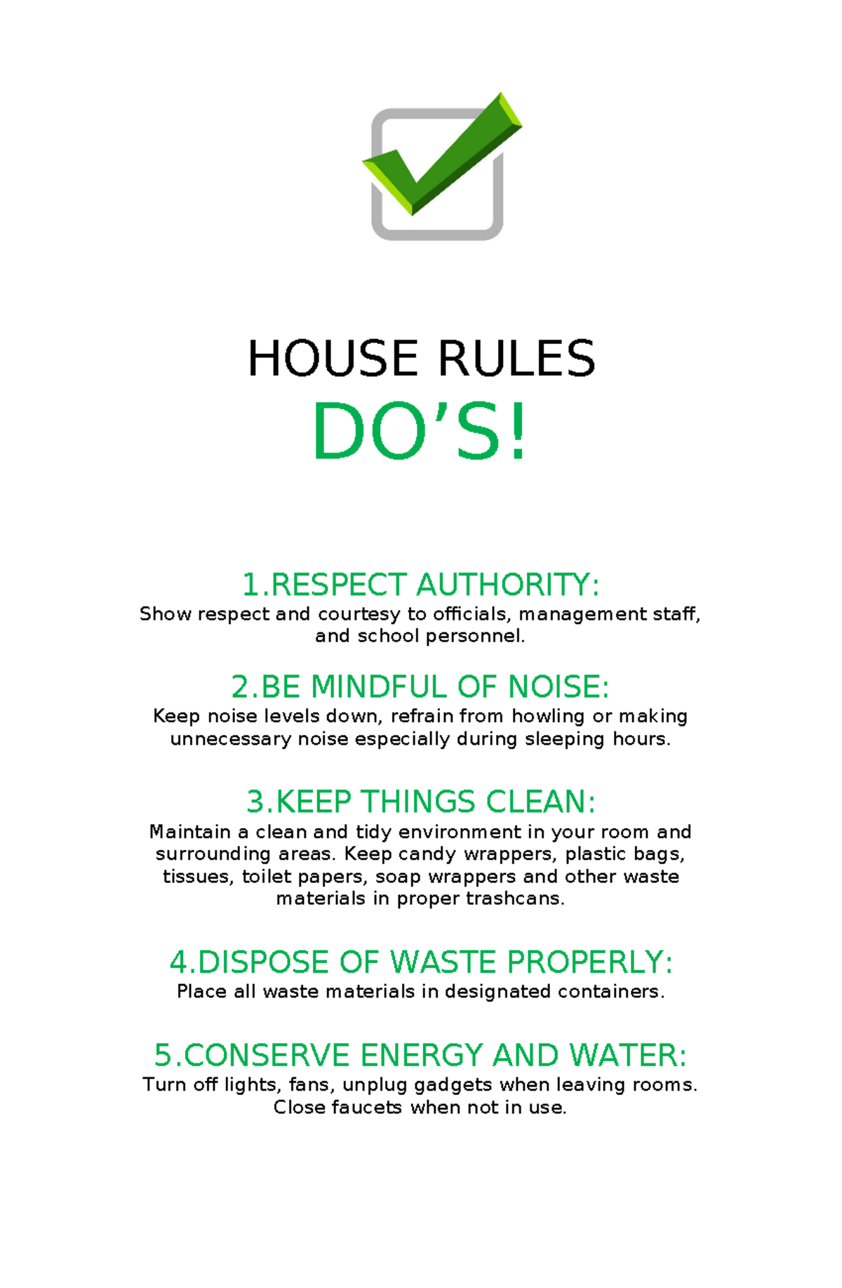 House Rules Guidelines for Students: Do's and Don'ts - Studocu