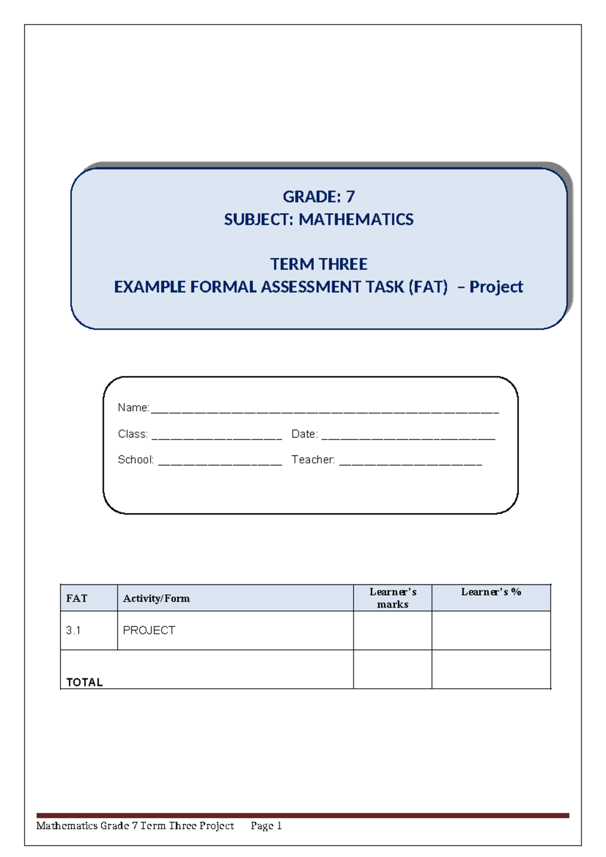 Mathematics Grade 7 Term 3 Formal Assessment Task (FAT) Project - Studocu