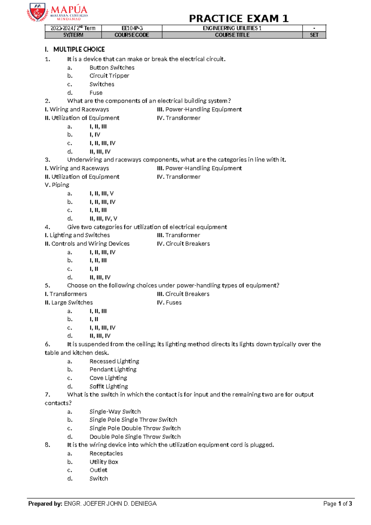 EE104P-3 Engineering Utilities 1 Practice Exam 1 - 2023-2024 - Studocu