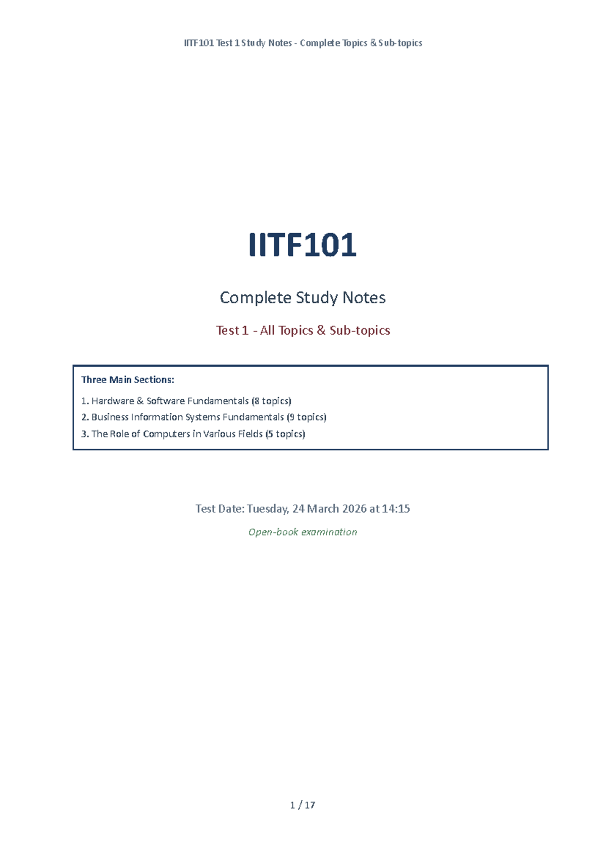 IITF101 Test 1 Study Notes: Comprehensive Overview of Key Topics - Studocu
