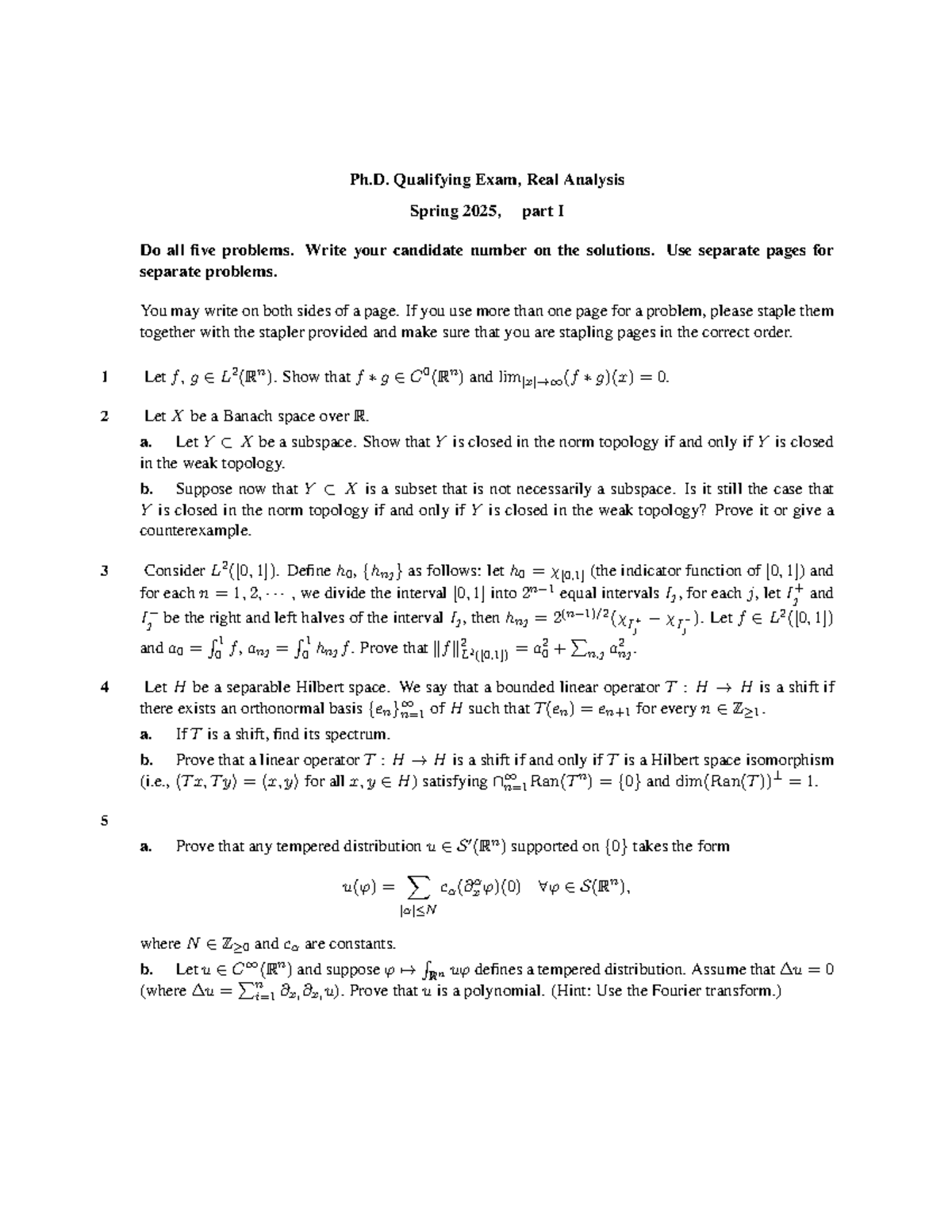 2025 Spring Ph.D. Qualifying Exam: Real Analysis Part I - Studocu
