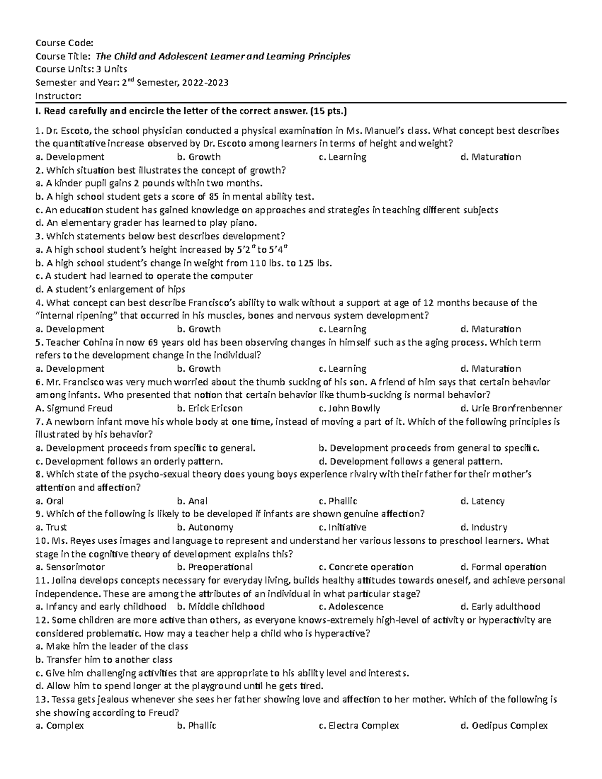 FTC 1 - Child & Adolescent Learner Prelim Test Questionnaire - Studocu