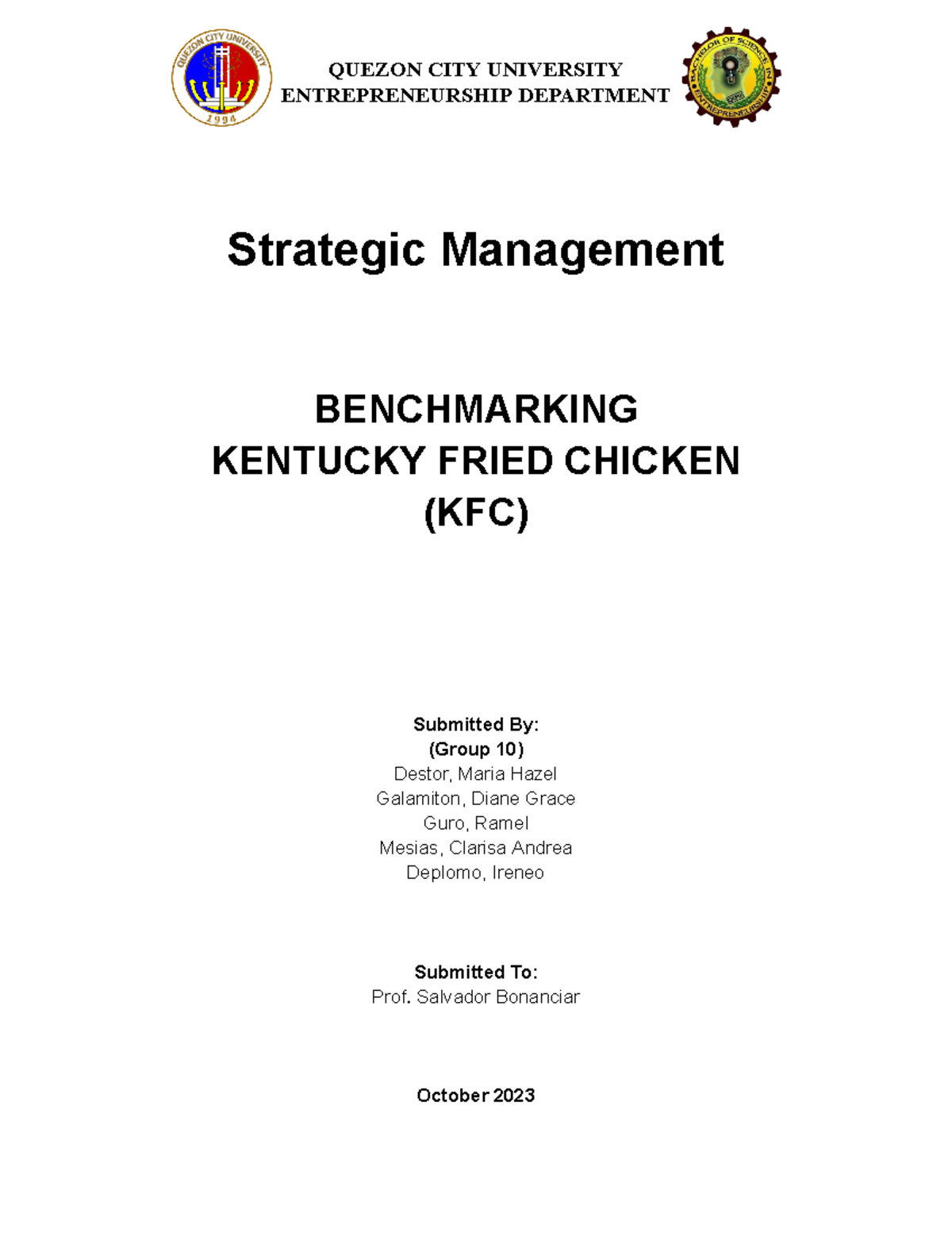 Strategic Mgmt - KFC Benchmarking Report - Midterm & Final Outputs ...