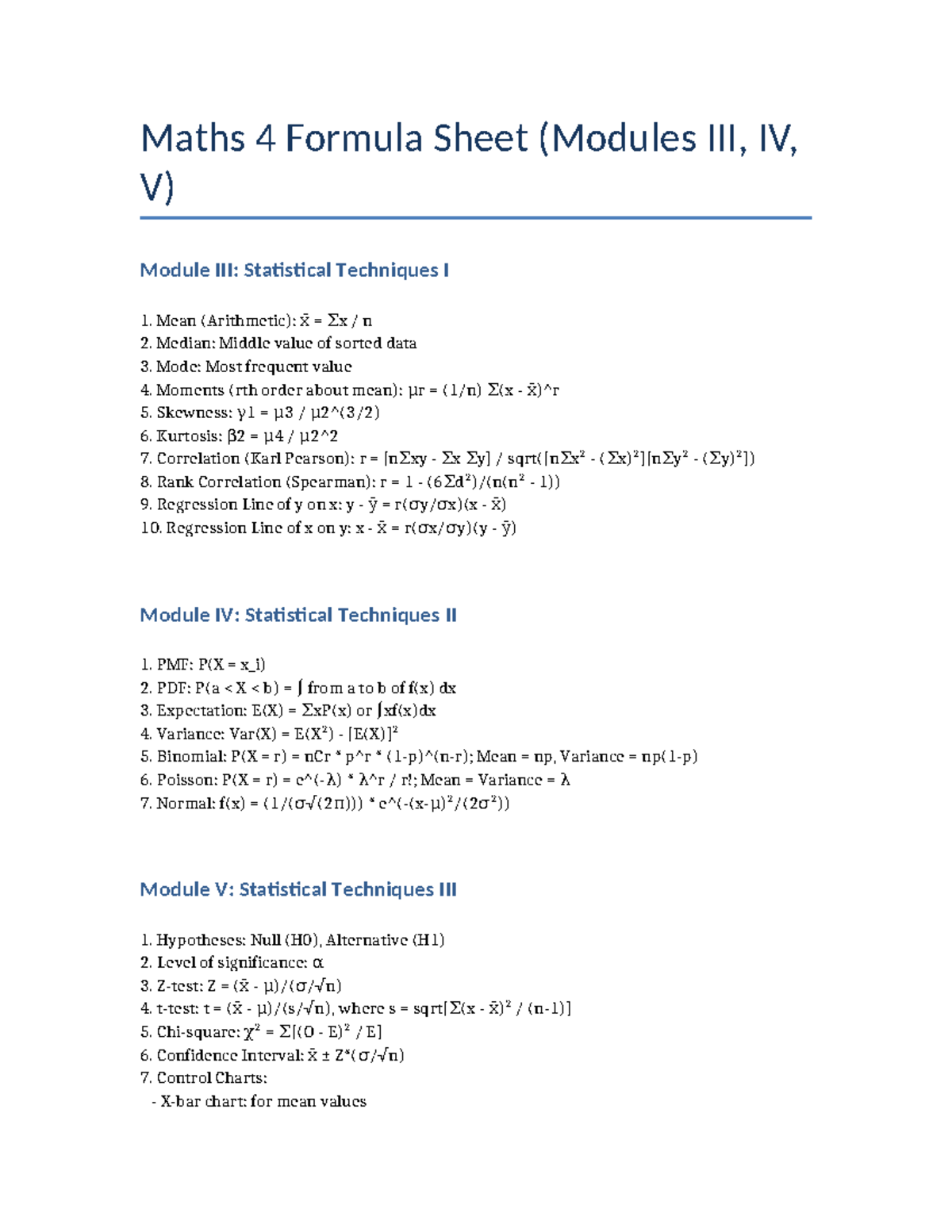 Maths 4 Formula Sheet: Statistical Techniques I, II & III Overview ...