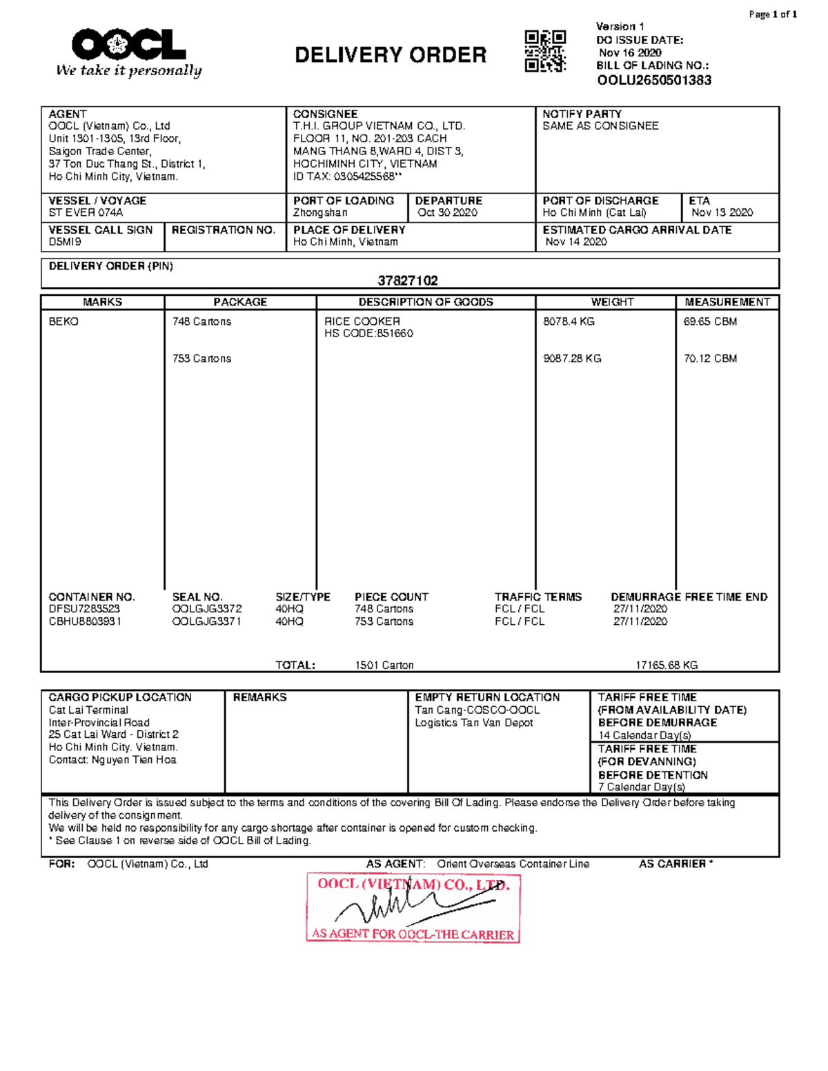 Delivery Order No. 2650501383 - OOCL Vietnam, Nov 2020 - Studocu