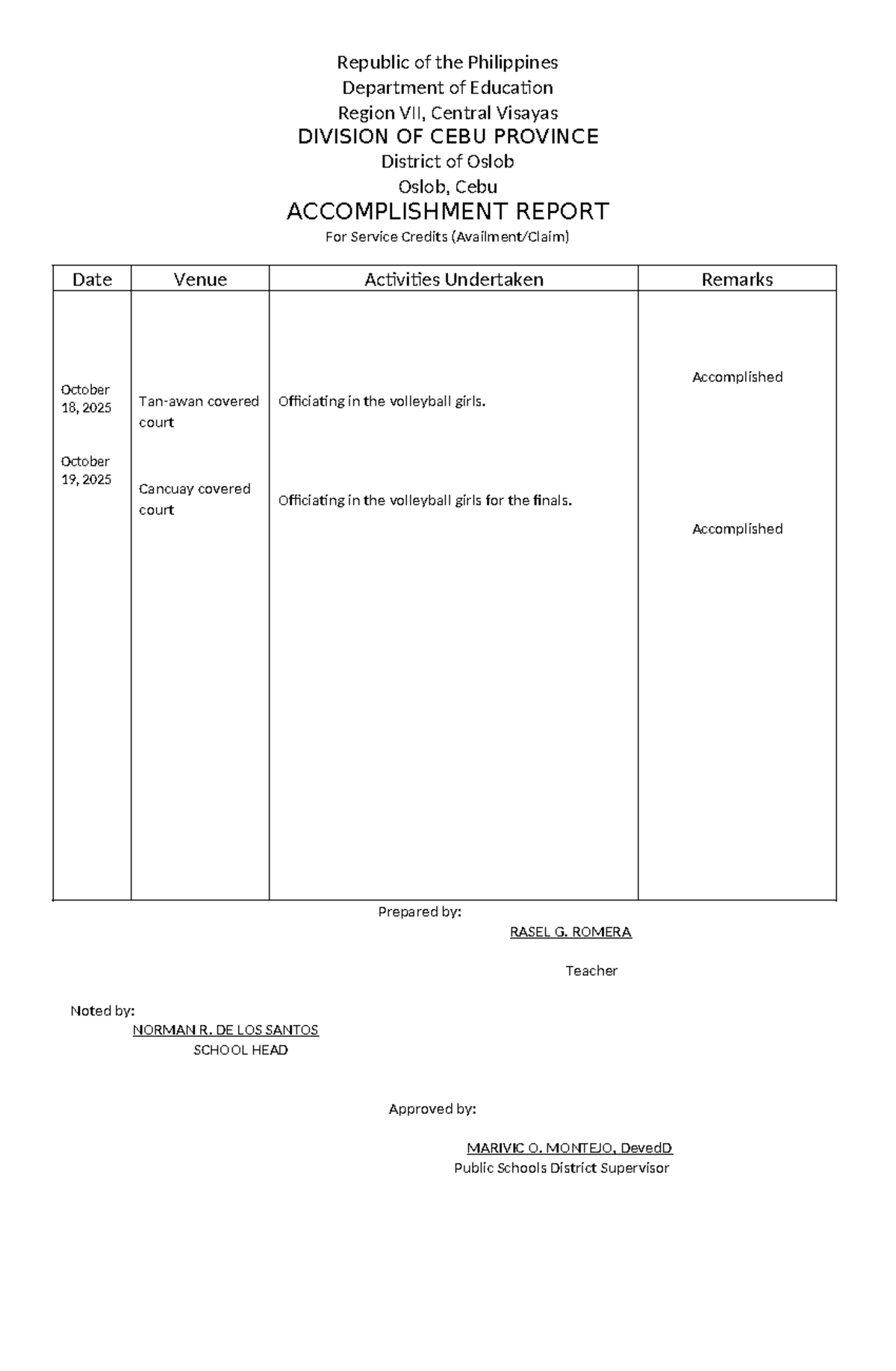 Accomplishment Report for Service Credits - Sports Meet - Studocu