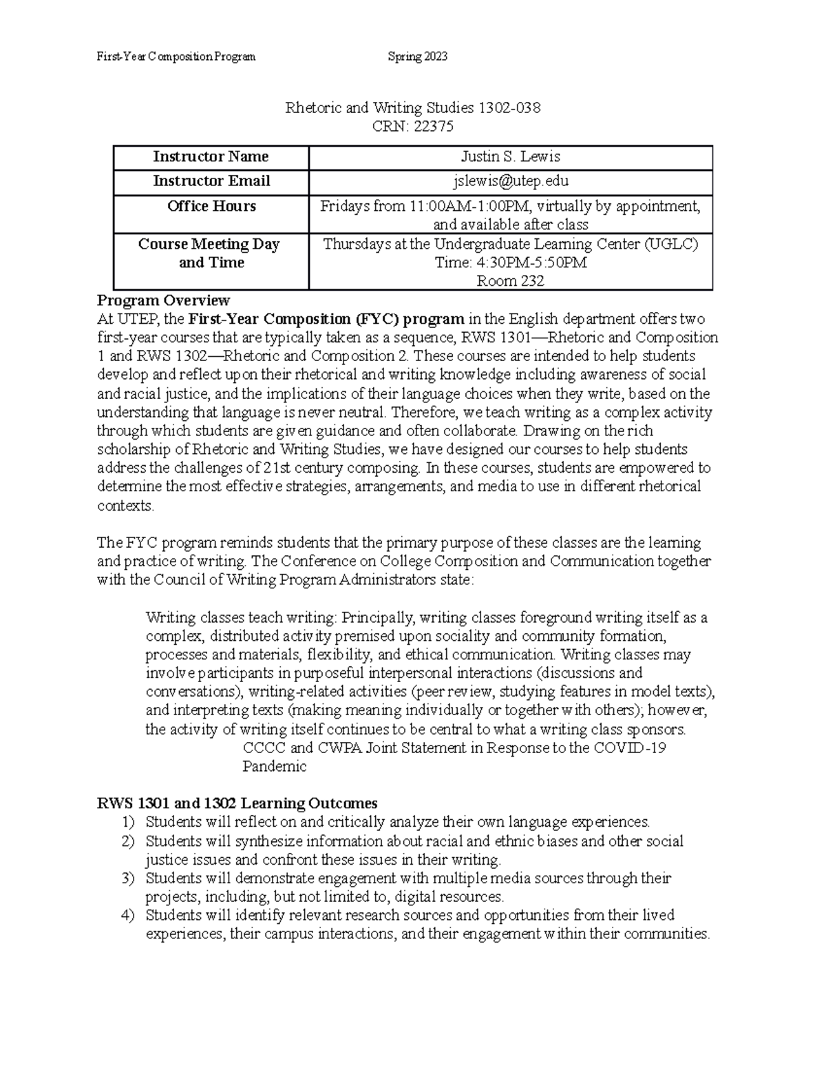 RWS 1302-038 Syllabus - Talks about Rhetoric and Composition - Rhetoric ...