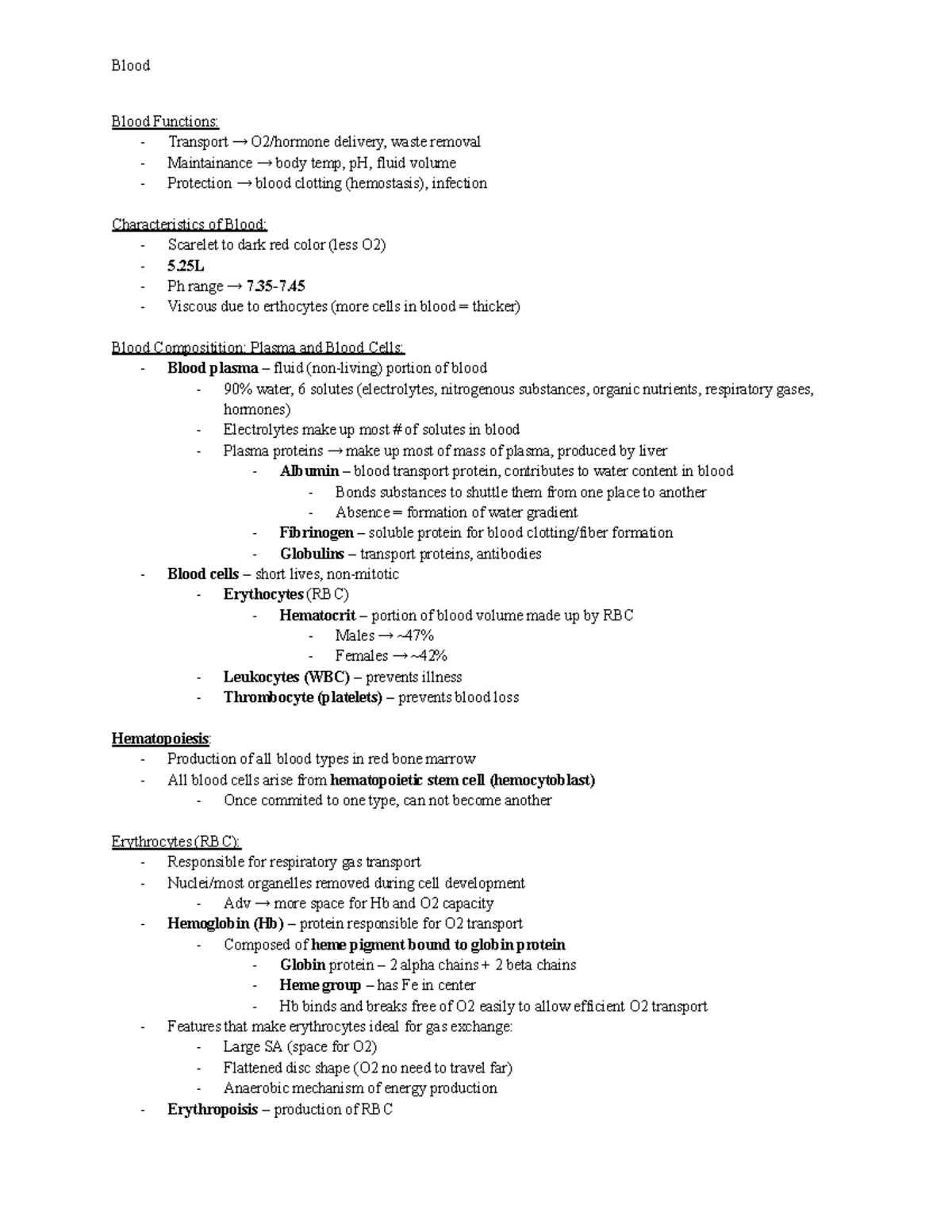 Anatomy II Notes - Chapter 16: Blood Functions and Composition - Studocu