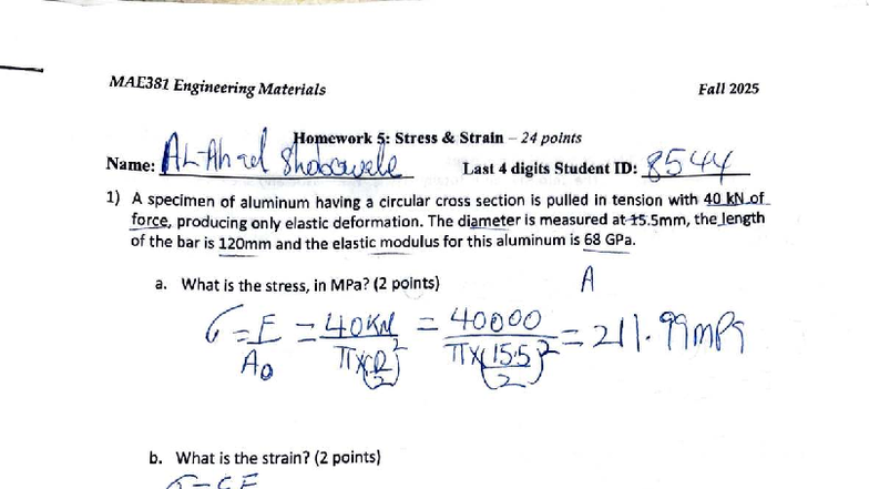 MAE381 Engineering Materials Fall 2025 Homework on Stress and Strain ...