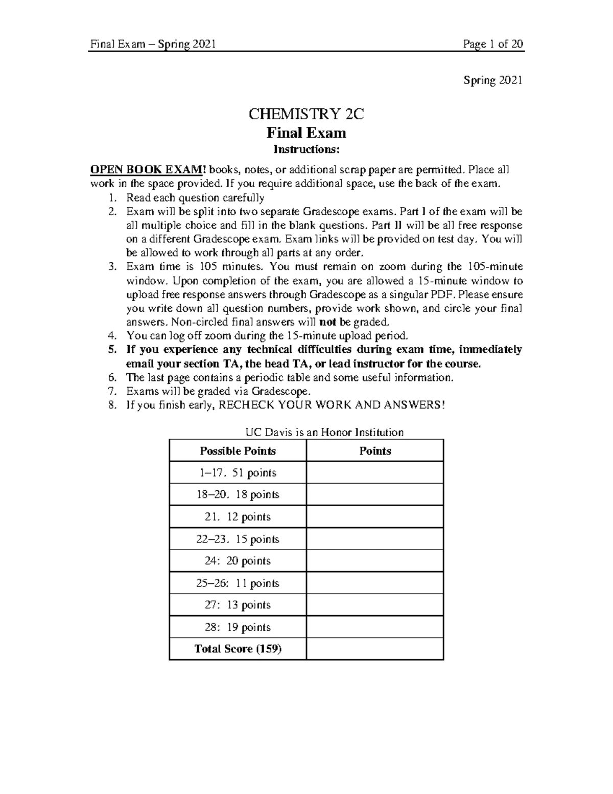 Chemistry 2C (C) Final Exam Instructions and Practice Test Key - Studocu