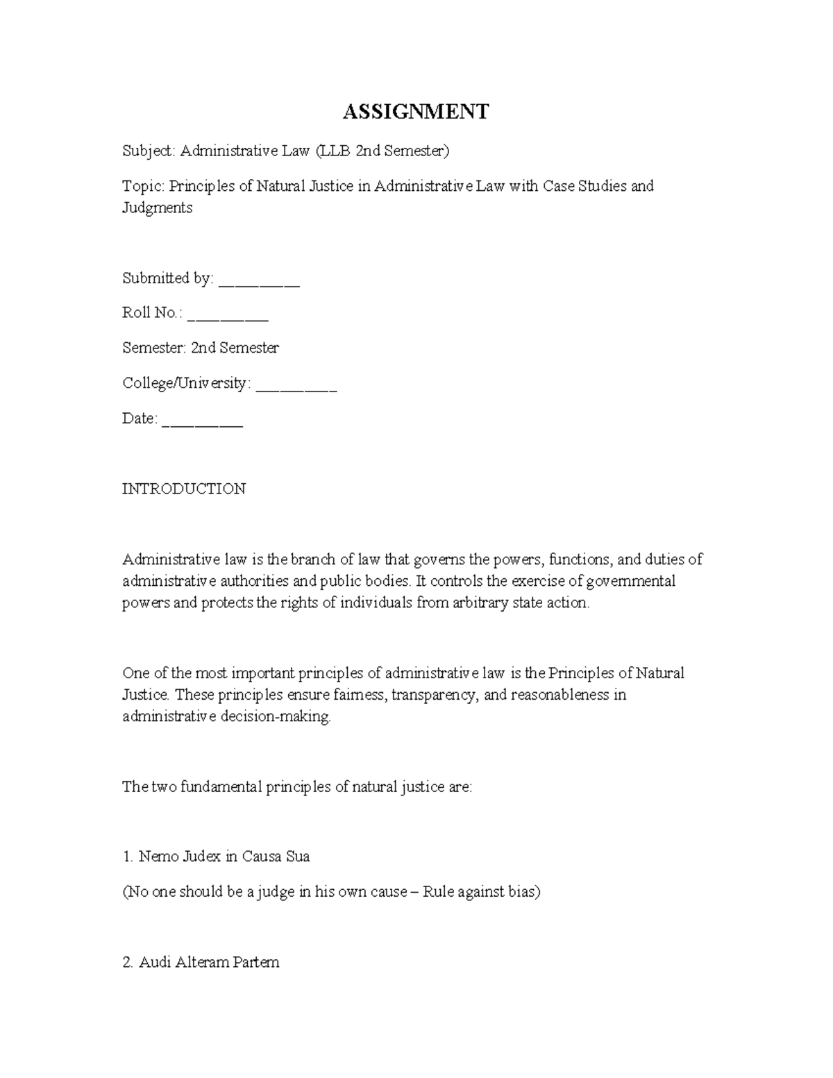 LLB 2nd Sem Assignment: Principles of Natural Justice in Admin Law ...