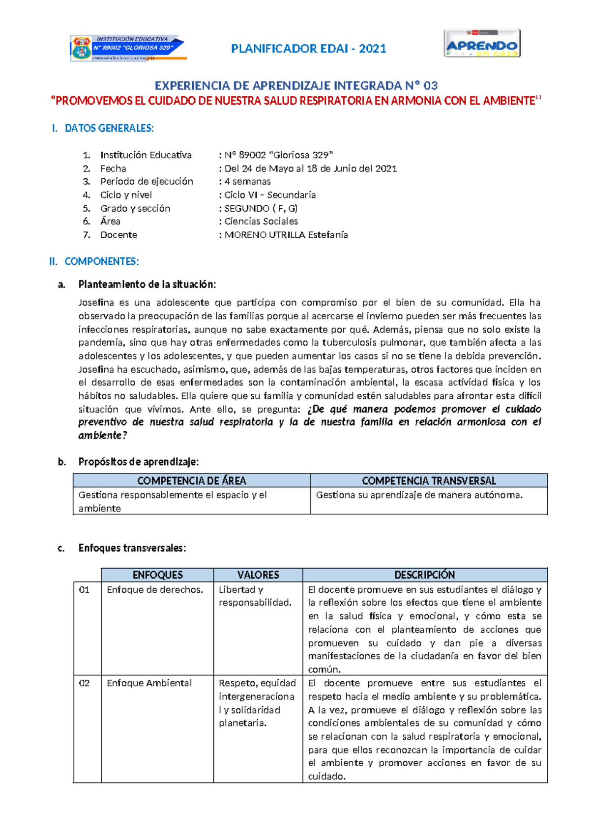 Planificador EDAI-03 - Ciclo VI - CCSS 2do Grado - Salud y Ambiente ...