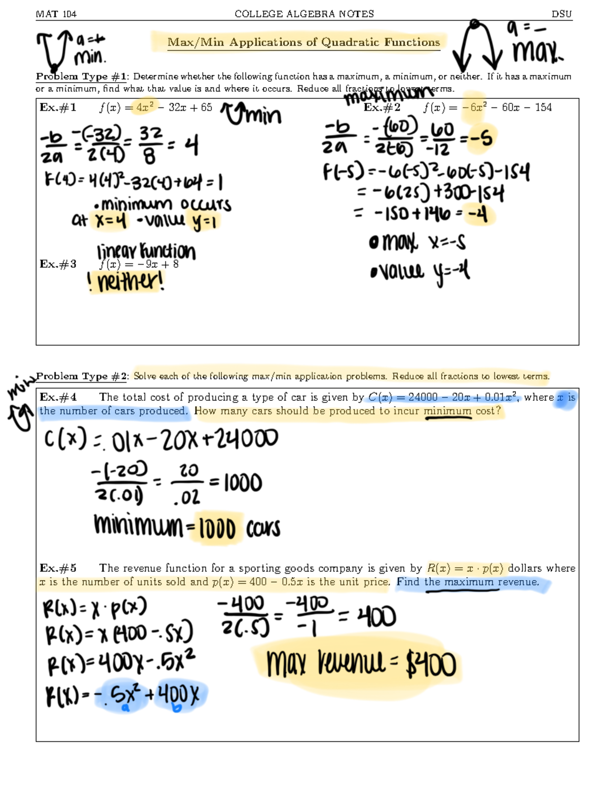 MAT 104 Final Exam Notes: Max-Min Applications of Quadratic Functions ...