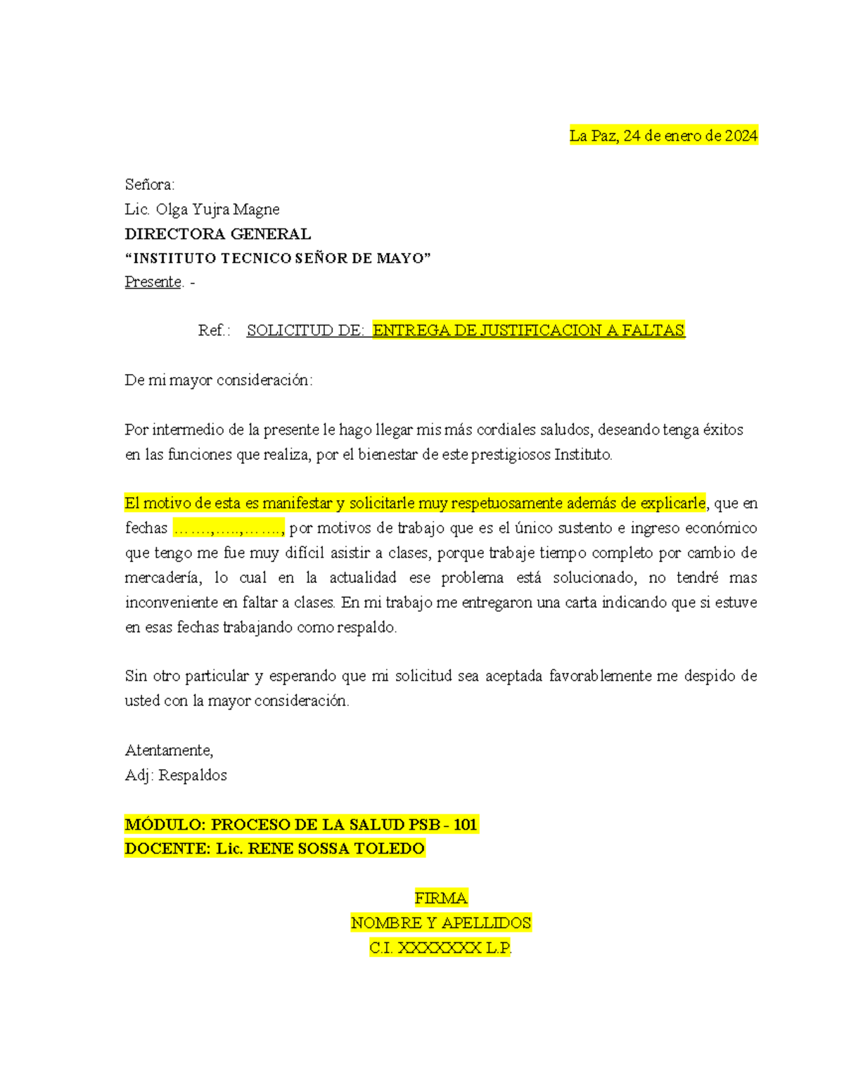 Modelo de Cartas para Justificación de Faltas - PSB 101 - Studocu