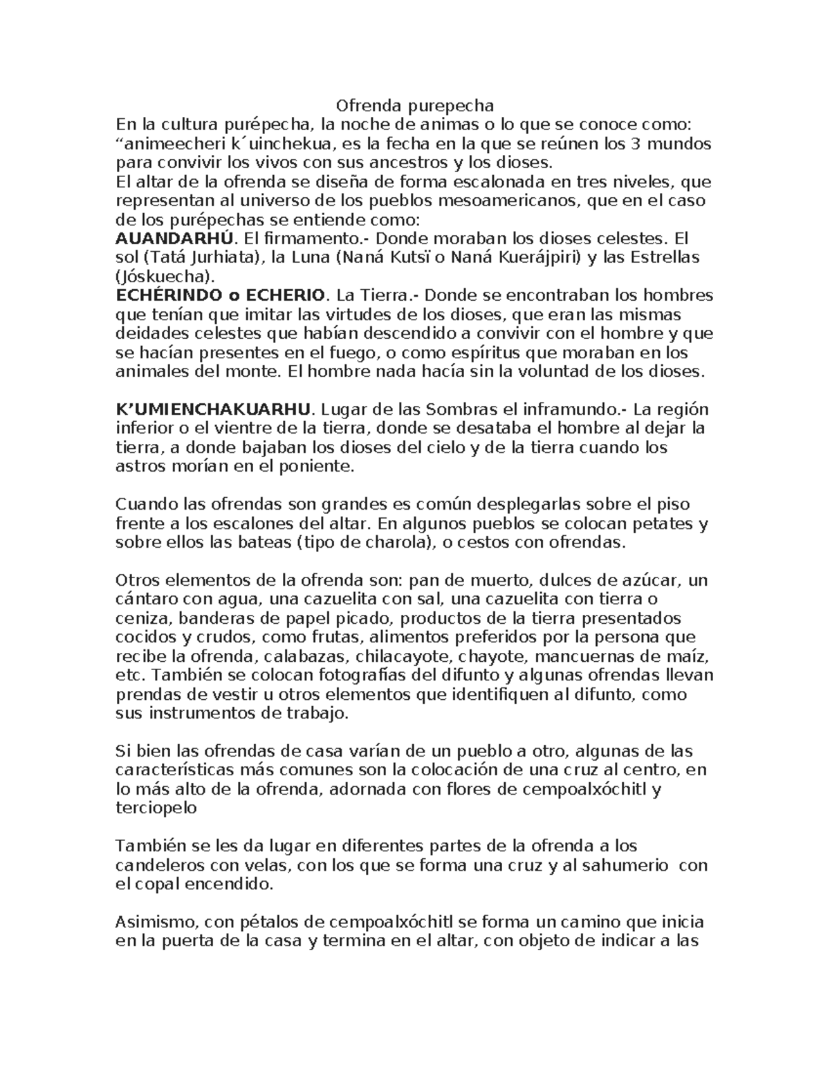 Ofrenda Purépecha: Tradiciones y Ritual de la Noche de Ánimas - Studocu