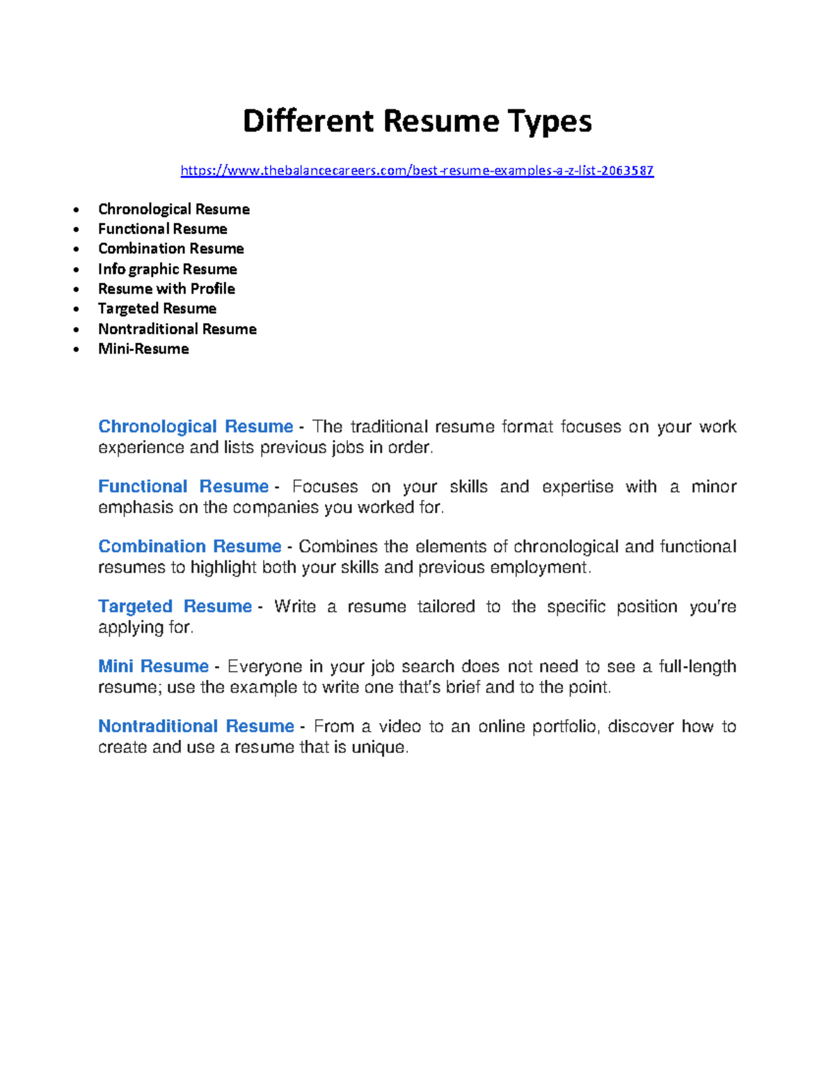 Different Types of Resumes: Comprehensive Guide and Notes - Studocu