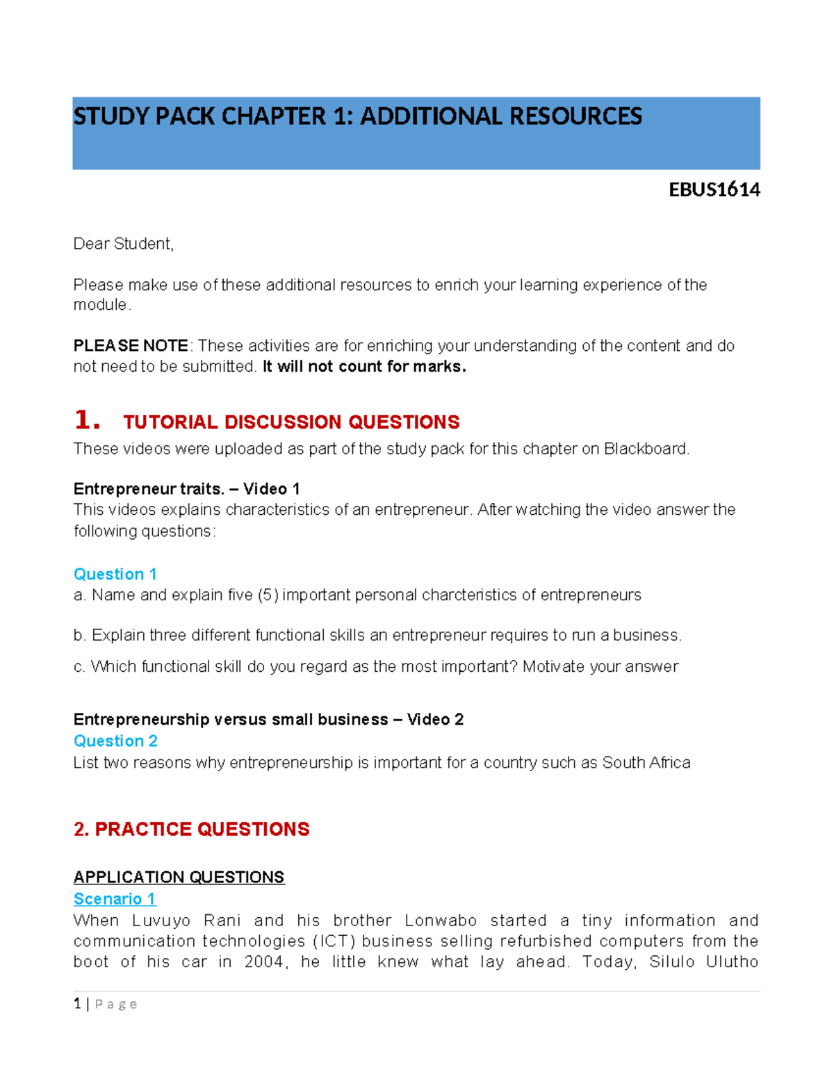 Additional resources chapter one Study pack 1 - STUDY PACK CHAPTER 1 ...