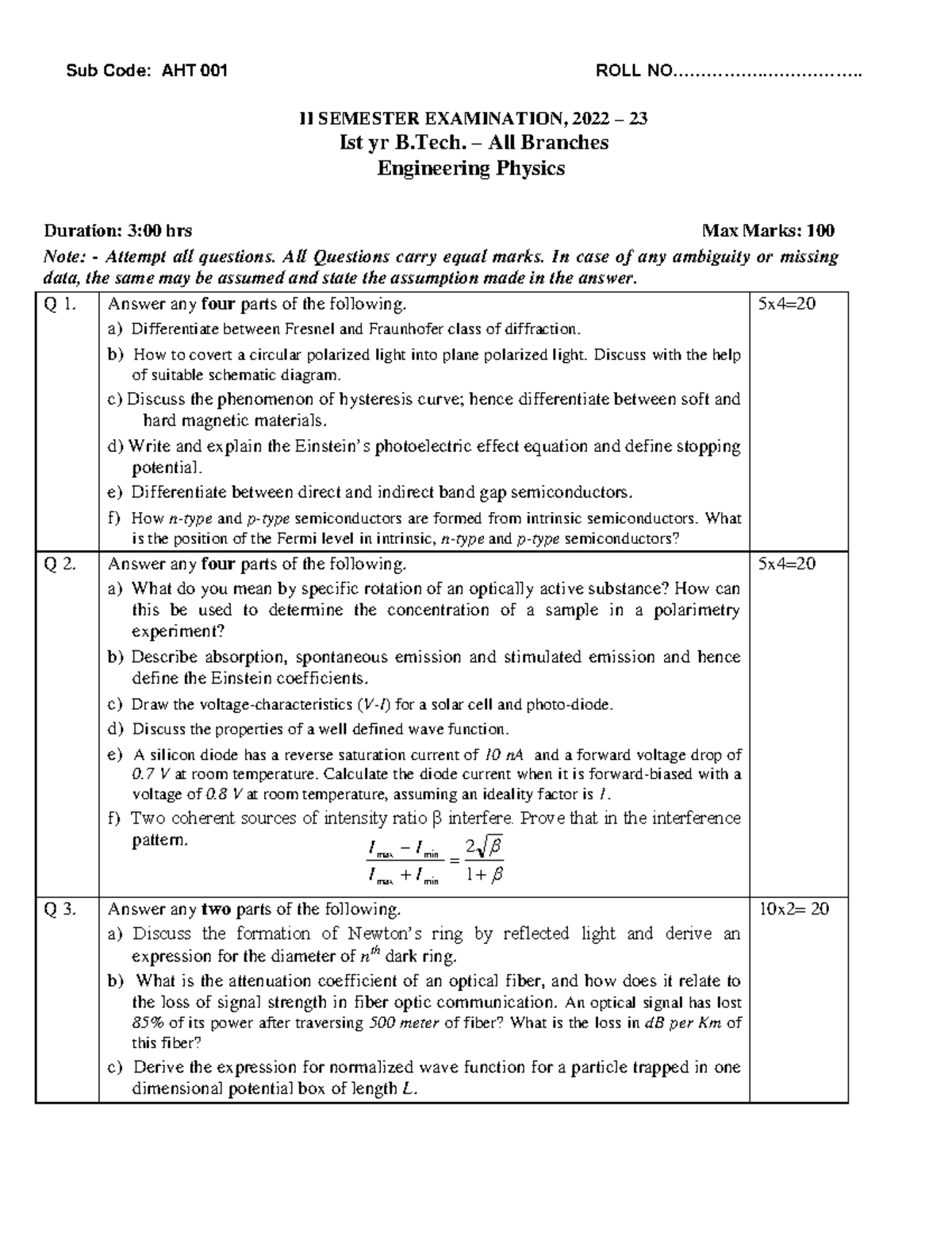 Engineering Physics Assignment Solutions: AHT 001 & BSCT 102 - Studocu