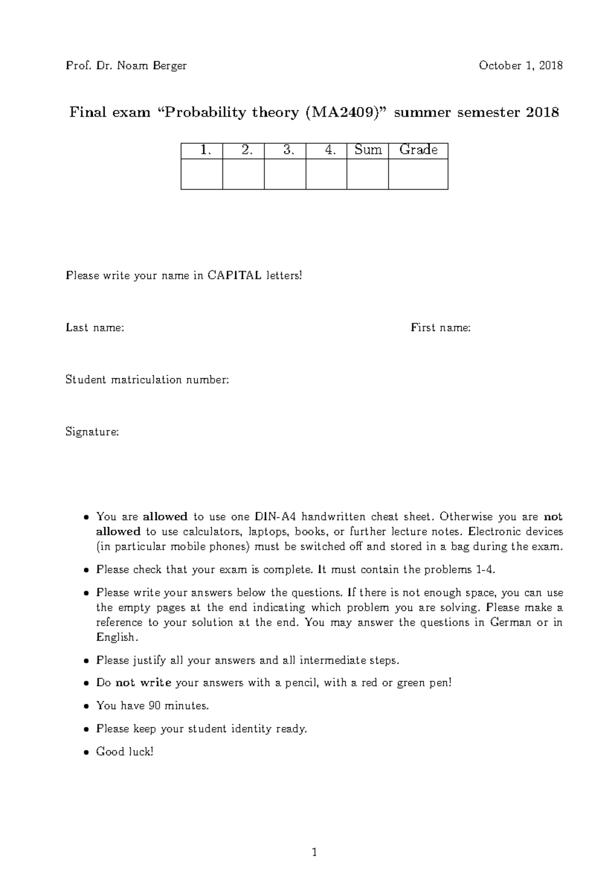 Final Exam MA2409 - Probability Theory Summer 2018 - Studocu